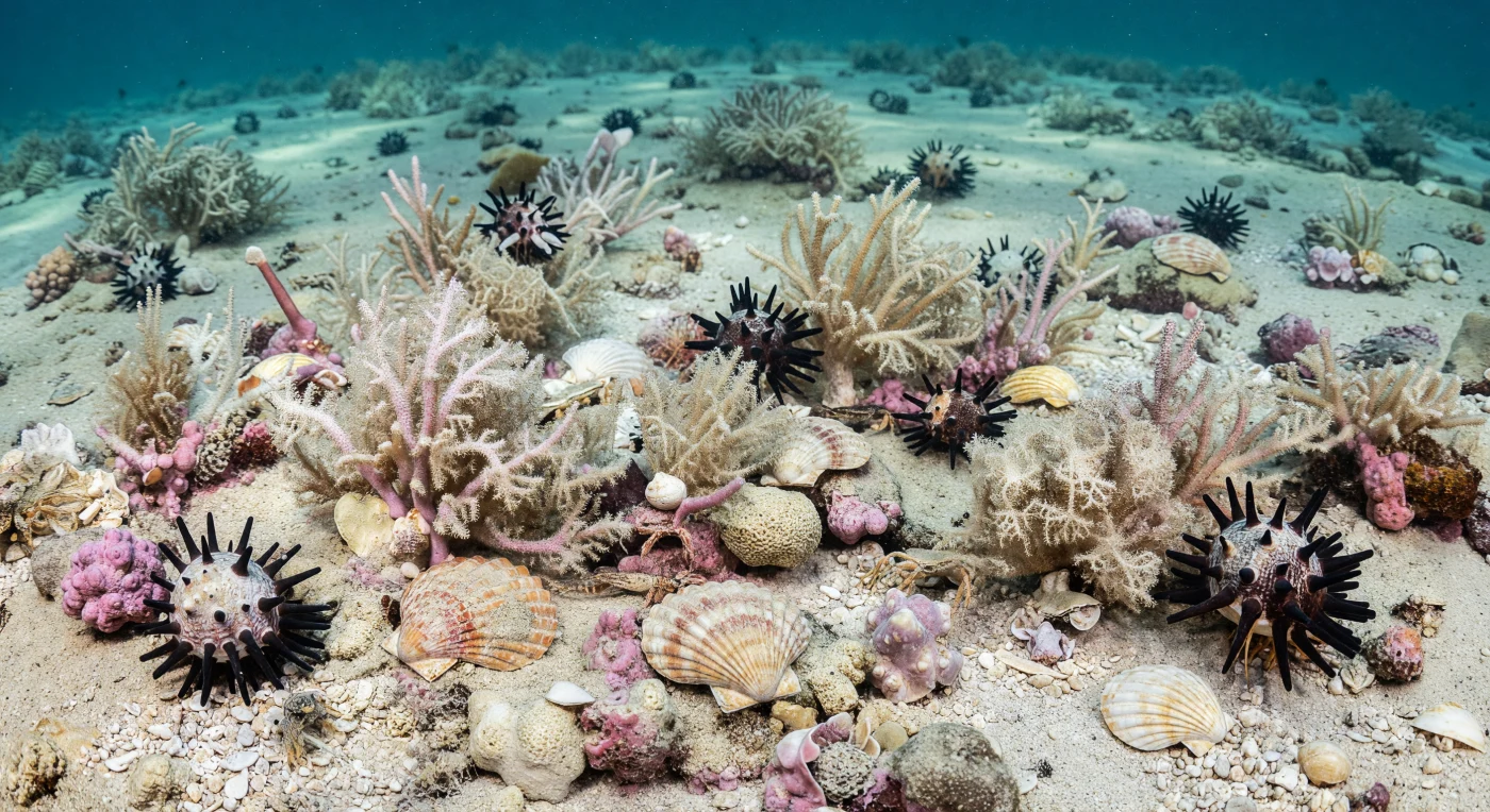 En esta escena del Eoceno tardío, hace aproximadamente 34–38 millones de años, el fondo de una plataforma marina del sur de Australia aparece cubierto por delicadas colonias ramificadas y reticuladas de briozoos, entre costras rosadas de algas coralinas, grava de conchas y arena carbonatada clara. Entre este “encaje” viviente se desplazan erizos cidaroideos de gruesas espinas oscuras, pectínidos parecidos a vieiras y pequeños cangrejos, habitantes típicos de un ecosistema templado de carbonatos heterozoos, muy distinto de los arrecifes coralinos tropicales. Este paisaje submarino refleja un momento en que Australia se aislaba progresivamente de la Antártida y los mares australes desarrollaban comunidades ricas en briozoos, registrando la transición hacia océanos del hemisferio sur cada vez más fríos y modernos.