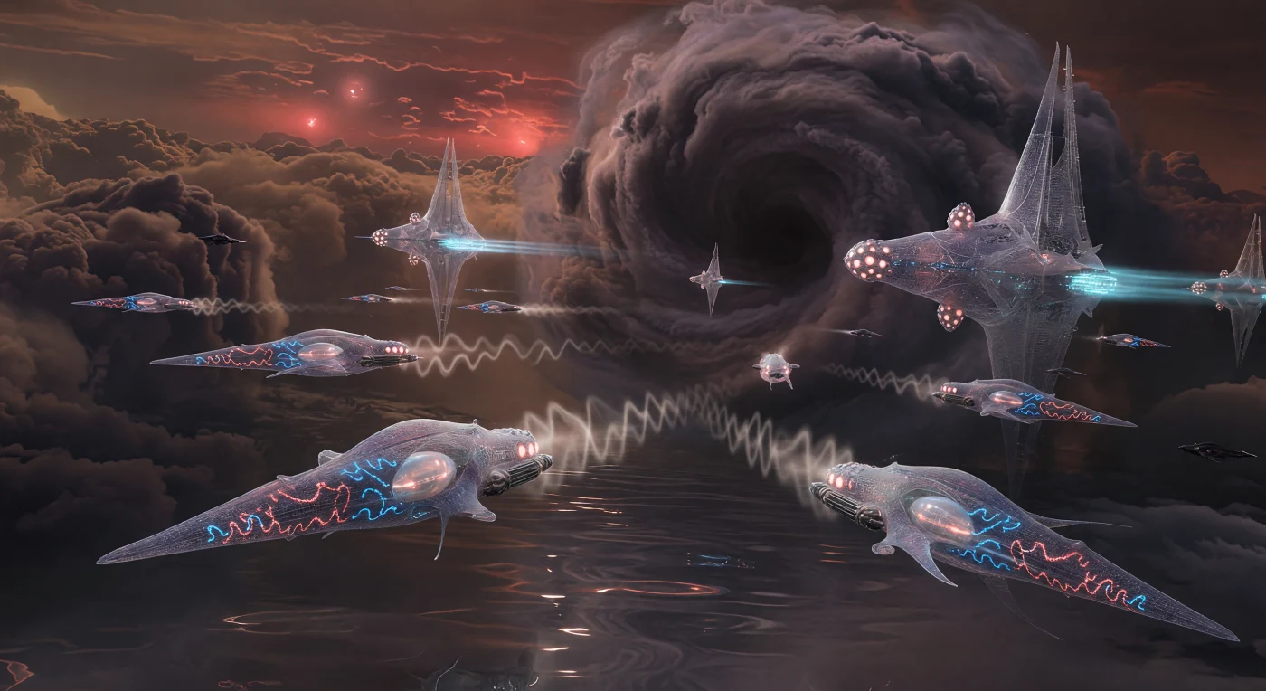 Nesta reconstrução da Era Galáctica (5.000–20.000 d.C.), observamos um conflito entre Nebulites, entidades pós-humanas de 30 metros de comprimento, nas camadas superiores da troposfera de um gigante gasoso. Adaptados à suspensão permanente por meio de bexigas biológicas de hidrogênio, esses seres utilizam canhões de pressão subsônica para projetar ondas de choque em meio a uma Grande Tempestade, enquanto Pináculos Aerostáticos — cidades de aerogel — flutuam precariamente ao fundo. A imagem captura a complexidade de uma civilização de Tipo II na Escala Kardashev, onde a biologia sintética e a engenharia de precisão permitiram a colonização de ambientes de alta pressão e temperaturas glaciais, transformando o "Grande Fluxo" atmosférico em um vasto campo de batalha e habitat.