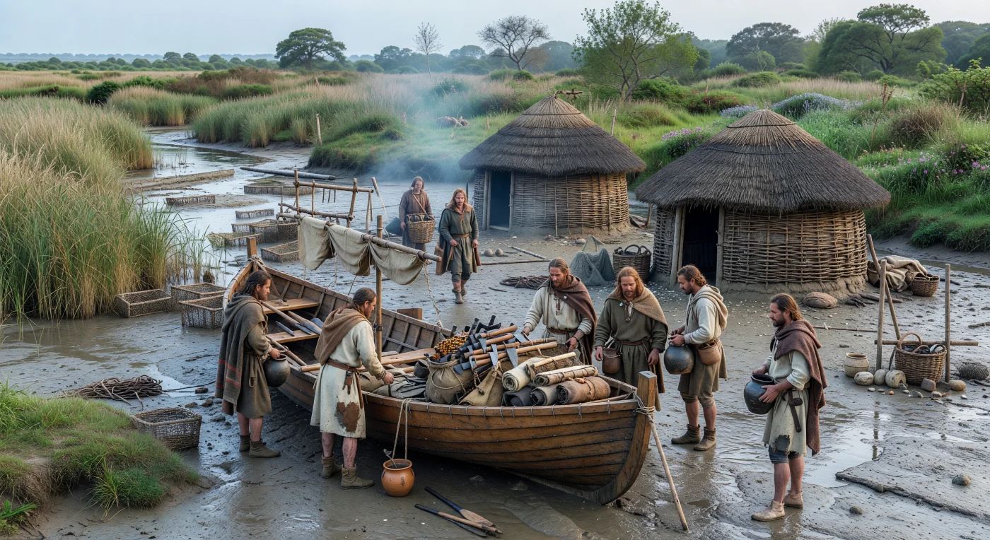 Num amplo estuário atlântico da Idade do Bronze tardia, homens e mulheres de mantos de lã descarregam ferramentas de bronze, sacos de couro e vasos cerâmicos de um barco de tábuas cosidas, puxado para a lama reluzente da maré baixa entre caniçais e armadilhas de pesca em vime. Ao fundo erguem-se casas redondas simples, estacarias, cordas e fumo de lareiras, compondo um povoado costeiro modesto mas ativo. Por volta do século XIII a.C., comunidades do sul da Grã-Bretanha e da Bretanha participavam em redes marítimas de longa distância que ligavam o Atlântico europeu, transportando metal, âmbar, peles e outros bens. A cena revela um mundo de navegadores experientes e artesãos especializados, muito anterior aos celtas históricos, sustentado pelas marés, pela pesca e pelo comércio.