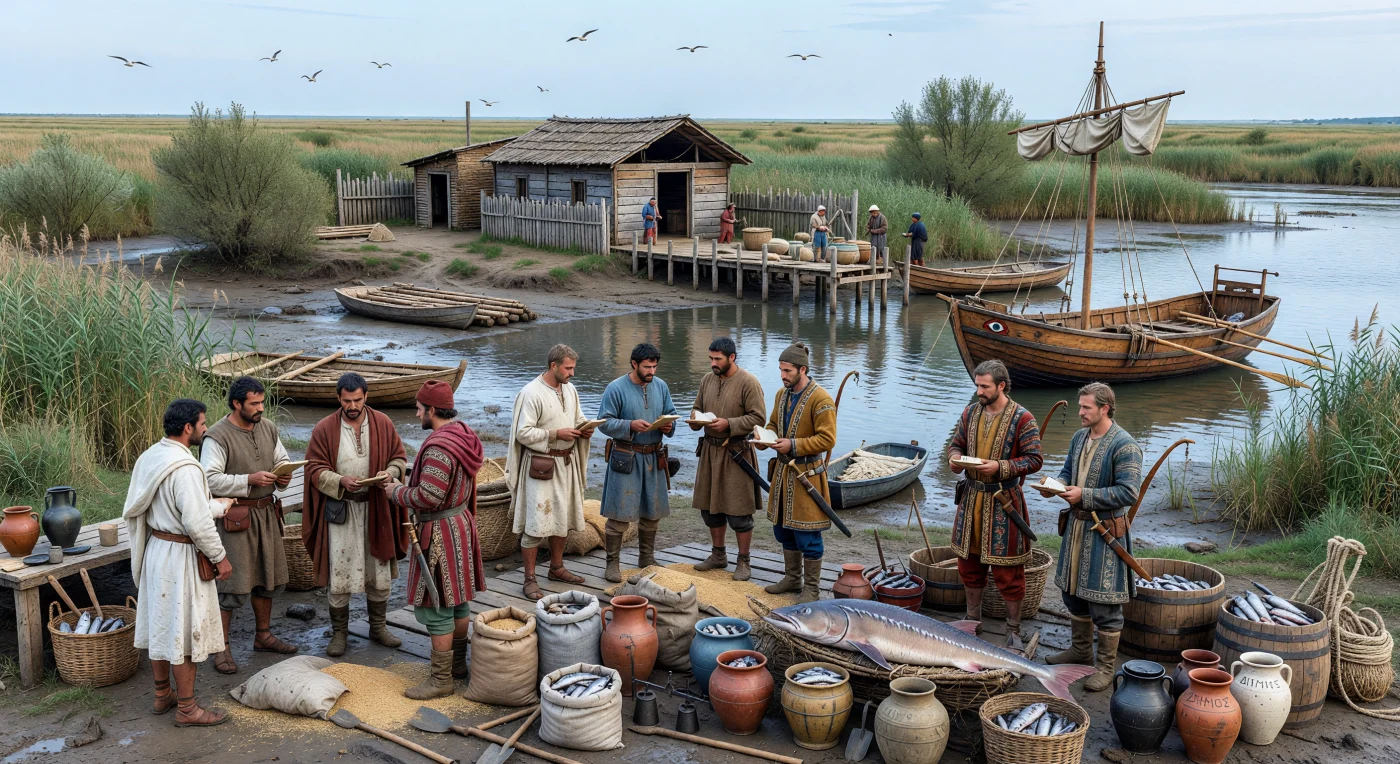 En este emporio del mar Negro del siglo VI a. C., mercaderes griegos envueltos en mantos de lana negocian con altos comerciantes escitas de pantalones estampados y gorros puntiagudos entre sacos de grano, tinajas de pescado salado y un enorme esturión recién capturado. La escena transcurre en una ribera estuarina fangosa, entre juncales, balsas de madera y naves de comercio griegas, mostrando un paisaje fronterizo muy distinto de las ciudades monumentales del Egeo. Estos puestos, fundados en gran parte por griegos de Mileto, conectaban el mundo mediterráneo con las estepas euroasiáticas y dependían del intercambio de cereal, pescado, pieles y otros productos, convirtiendo al mar Negro en una de las grandes rutas comerciales de la Edad del Hierro.