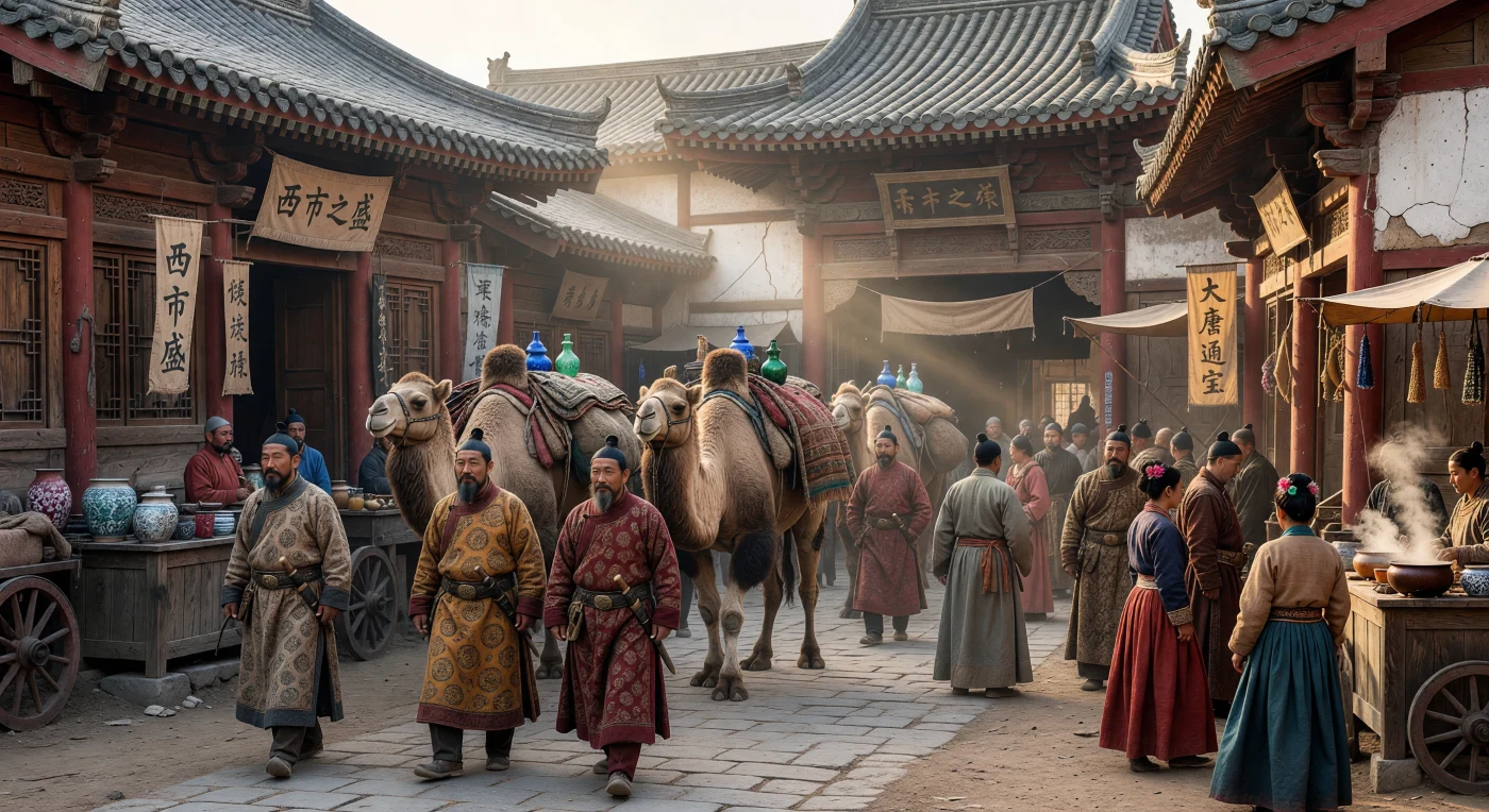 En el bullicioso Mercado Occidental de Chang’an, mercaderes sogdianos con túnicas de lana estampadas guían caravanas de camellos bactrianos cargados con cristalería fina y alfombras de la estepa. Estos comerciantes de Asia Central fueron figuras clave en la Ruta de la Seda durante la dinastía Tang del siglo VIII, facilitando un intercambio global de bienes y cultura bajo los ornamentados aleros de madera de la capital más grande del mundo. La escena captura la atmósfera cosmopolita de la época, donde la arquitectura tradicional china se encuentra con la diversidad de lenguas y mercancías que definieron esta edad de oro.