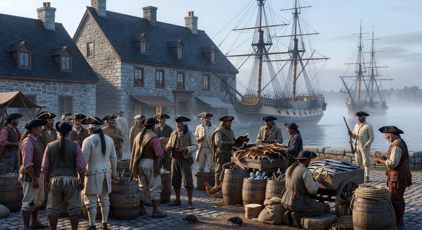 Esta escena captura el bullicio matutino en la Place Royale de Quebec hacia 1750, donde la robusta arquitectura de piedra caliza y los imponentes mástiles de la Marine Royale francesa enmarcan el corazón del comercio colonial. En este vibrante encuentro del "Mundo de Madera", marineros de manos curtidas y oficiales de gala convergen con comerciantes indígenas y colonos para intercambiar pieles de castor, ron y bacalao bajo la bruma del río San Lorenzo. La imagen refleja la complejidad de la Era de la Navegación, transformando este puesto avanzado en un nodo cosmopolita vital para las ambiciones imperiales en el Atlántico Norte.