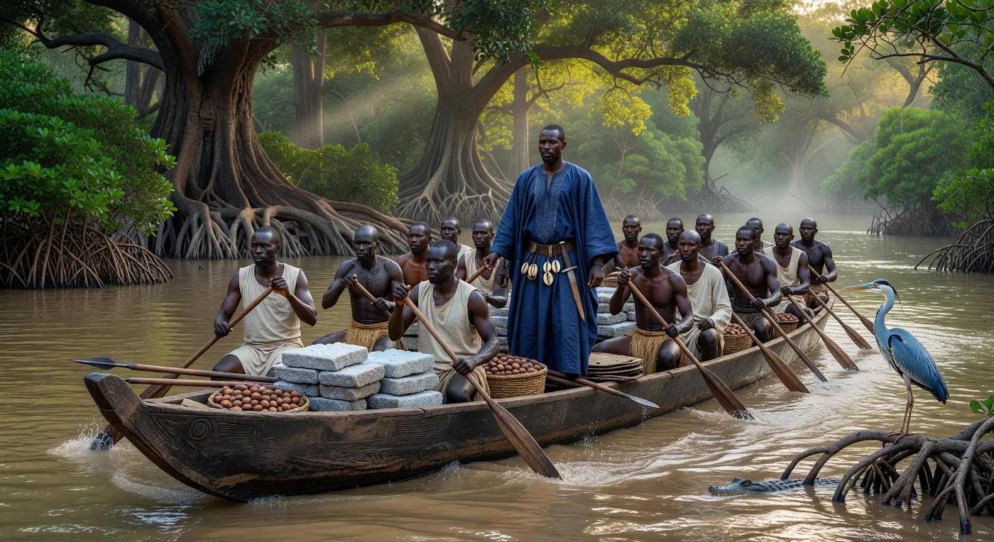 Au cœur du XIVe siècle, cette imposante pirogue de guerre de vingt mètres, sculptée dans un unique tronc de fromager, transporte de lourdes plaques de sel saharien et des noix de kola à travers les mangroves brumeuses du fleuve Niger. Sous une lumière matinale filtrant à travers les acajous géants, des marchands et guerriers mandingues et songhaï assurent la sécurité de ces précieuses cargaisons, piliers de la prospérité des grands empires ouest-africains. Cette scène témoigne de la sophistication des réseaux commerciaux fluviaux qui reliaient alors les routes caravanières du Sahara aux ressources des forêts tropicales.