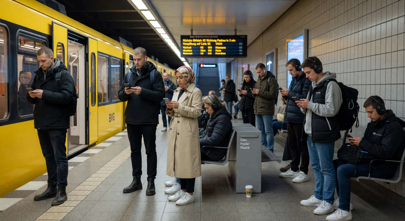 Commuters at a Berlin U-Bahn station wait beside a bright yellow Class IK train, a hallmark of the city's modern transit infrastructure during the early 2020s. The scene captures the "Digital Age" through the ubiquity of smartphones and wireless earbuds, reflecting a period where personal technology redefined public spaces into zones of individual, screen-mediated solitude. The diverse attire—ranging from synthetic puffer jackets and technical streetwear to traditional hijabs—illustrates Berlin’s status as a multicultural European hub shaped by 21st-century migration patterns and globalized fast fashion.