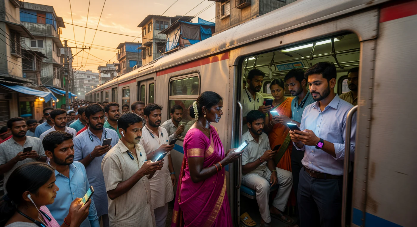 Commuters navigate the intense evening rush aboard a stainless-steel suburban "Local" train, their forms illuminated by the contrasting glow of the setting sun and the ubiquitous blue light of smartphones. This scene illustrates the "Digital Age" in South Asia, where traditional silk saris and Western office wear converge within the region's massive, hyper-connected urban transit systems. The surrounding landscape of dense concrete apartments and informal settlements highlights the rapid technological integration and demographic density characteristic of early 21st-century India.