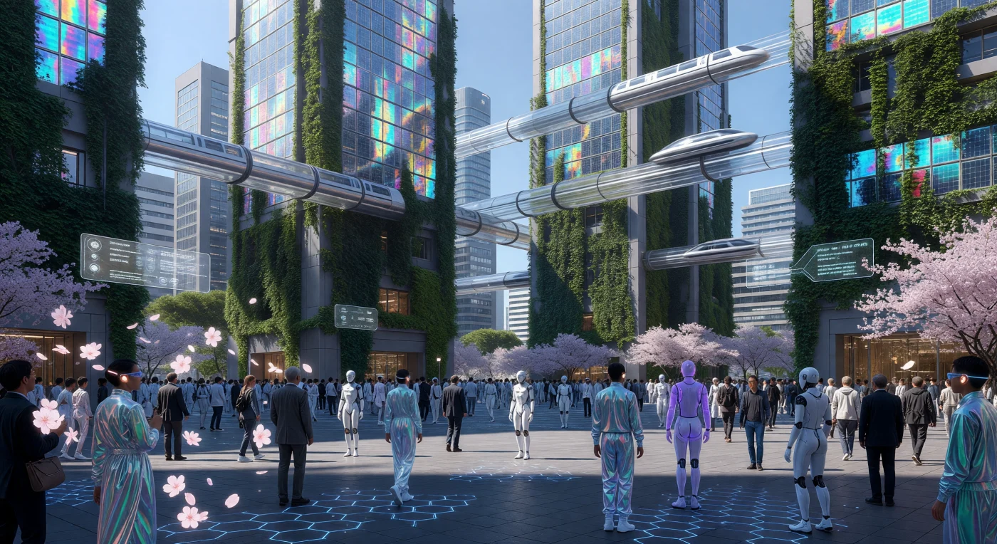 Vers 2045, au cœur de l’ère du « Seuil », le quartier de Shinjuku témoigne de la fusion terminale entre la biosphère et la technosphère, où des *Homo sapiens* augmentés côtoient des résidents non biologiques (Synths) sous une canopée de cerisiers holographiques. Ce paysage urbain, structuré par des monolithes de carbone et du lierre génétiquement modifié pour la séquestration du CO2, illustre l'ascension d'une civilisation alimentée par la fusion nucléaire atteignant un score de 0,78 sur l'échelle de Kardashev. À travers « la Couche », une interface de réalité augmentée persistante, cette espèce en transition redéfinit la vie sociale et la perception sensorielle à l'aube d'une nouvelle époque géologique synthétique.