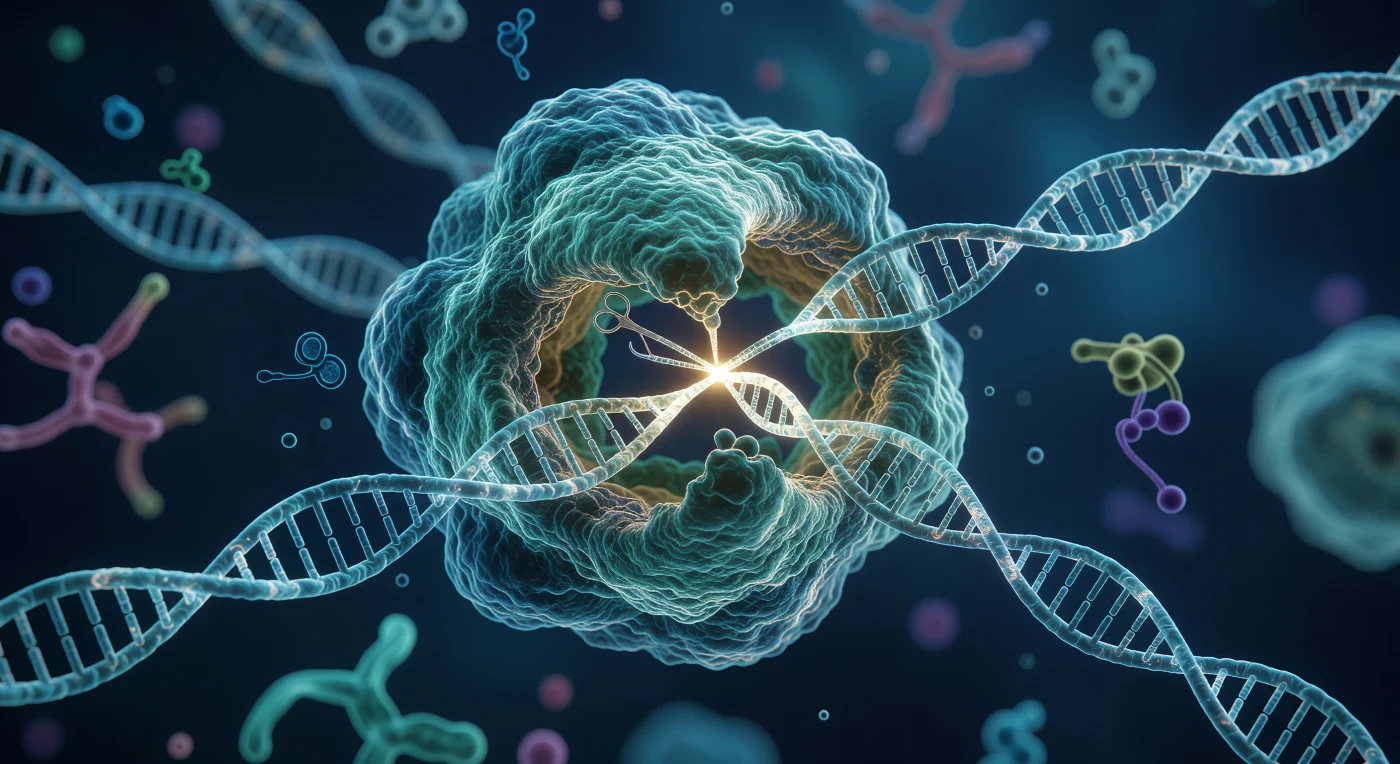 Esta visualização científica detalhada revela a proteína Cas9, uma estrutura molecular complexa em tons de azul-turquesa, agindo como "tesouras moleculares" ao se prender a uma hélice dupla de DNA luminescente. Desenvolvida a partir de 2012 pelas cientistas Jennifer Doudna e Emmanuelle Charpentier, a tecnologia CRISPR utiliza um RNA guia para localizar e editar sequências genéticas com uma precisão sem precedentes. Este avanço revolucionário da Era Digital permite o tratamento de doenças hereditárias e a modificação de organismos, marcando um ponto de virada histórico na biotecnologia e no controle humano sobre o código fundamental da vida.