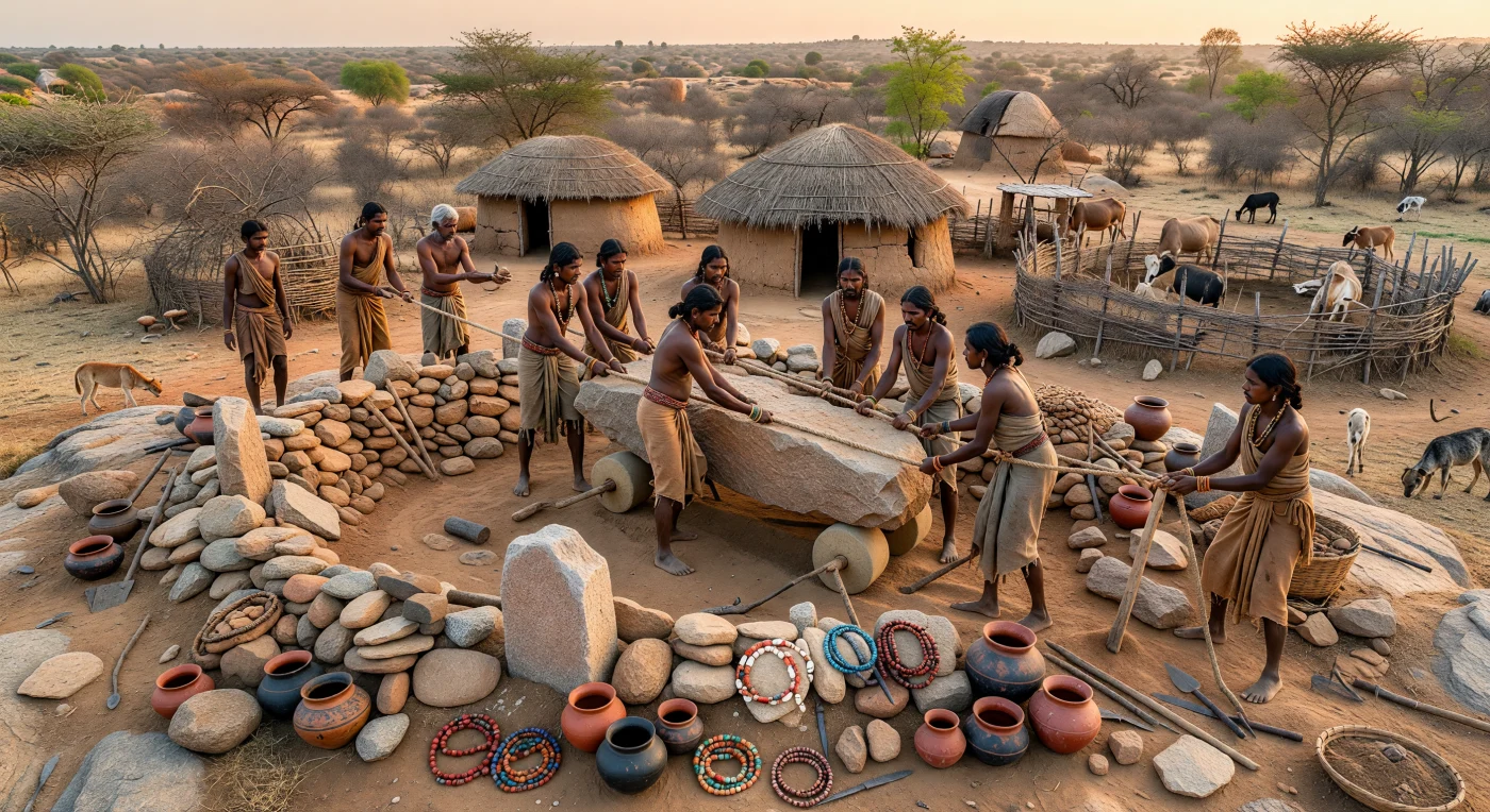 En esta cresta rocosa del sur peninsular de la India, hacia 800–500 a. C., aldeanos trabajan en comunidad para arrastrar una gran losa de granito sobre rodillos de madera y alzar un dolmen dentro de un círculo de piedras y túmulo funerario. La escena muestra una sociedad megalítica de la Edad del Hierro: se ven herramientas de hierro, vasijas de cerámica negra y roja, cuentas de cornalina y ágata, y al fondo chozas de barro y ramaje junto a corrales de cebúes. Estos monumentos funerarios, comunes en Karnataka, Tamil Nadu y regiones vecinas, no eran templos, sino construcciones rituales vinculadas a entierros, memoria ancestral y redes de intercambio que unían a las comunidades del Decán.