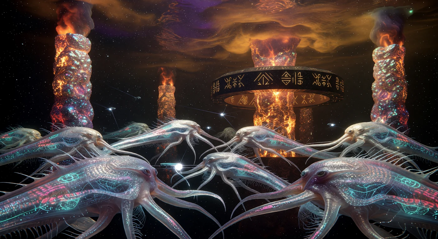 En el abismo hiper-salino de Europa, a 80 kilómetros bajo su corteza helada, los miembros del Colectivo Oceánico se entrelazan en una danza bioluminiscente frente a colosales chimeneas hidrotermales. Durante la Era Galáctica (5000–20,000 d.C.), estas entidades de morfología cefalópoda y redes neuronales en estado líquido intercambian información mediante complejos patrones de luz, integrándose en una conciencia compartida conocida como "La Corriente". Esta escena captura un momento de comunión post-biológica donde la tecnología de ensamblaje molecular y la biología extremófila convergen en la oscuridad total del océano profundo.