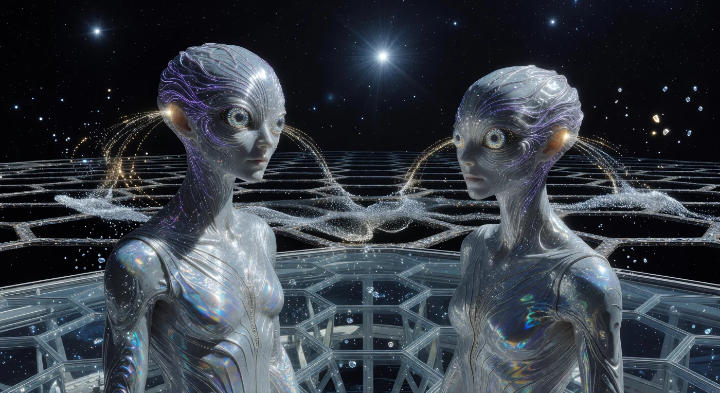 In questa istantanea dell'Età Galattica (circa 5.000-20.000 d.C.), due post-umani dai corpi in lega di carbonio e mercurio attivano un'Orchestrazione di Fase Quantistica presso l'Ammasso della Lira. Attraverso naniti neurali e moti di dati femtotecnici, queste entità condividono un legame empatico istantaneo, mentre sullo sfondo si stagliano i colossali anelli esagonali del Reticolo di Alcubierre-Visser, l'infrastruttura per i viaggi superluminali. La scena, dominata dalla luce accecante della stella Vega, testimonia l'ascesa di una civiltà di Tipo II capace di trascendere i limiti biologici e piegare il tessuto stesso dello spaziotempo.