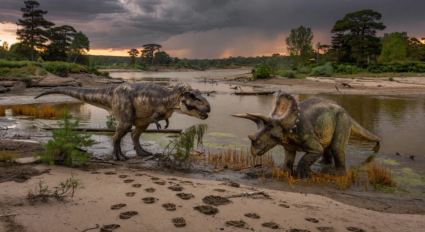 À la fin du Maastrichtien, il y a environ 67 à 66 millions d’années, un énorme Tyrannosaurus rex s’avance prudemment sur un banc de sable détrempé vers un Triceratops horridus campé en défense, la tête basse et les longues cornes pointées sous une lumière d’orage violette. La scène se déroule sur la plaine côtière de Laramidia, dans l’écosystème de Hell Creek, où chenaux, lacs en croissant et forêts de conifères, fougères et plantes à fleurs bordaient les rivières. Les empreintes profondes, les roseaux écrasés et la boue remuée rappellent que ces deux géants — l’un grand prédateur cuirassé d’écailles, l’autre colossal herbivore à collerette osseuse — vivaient parmi les tout derniers dinosaures non aviens avant l’extinction de la fin du Crétacé.