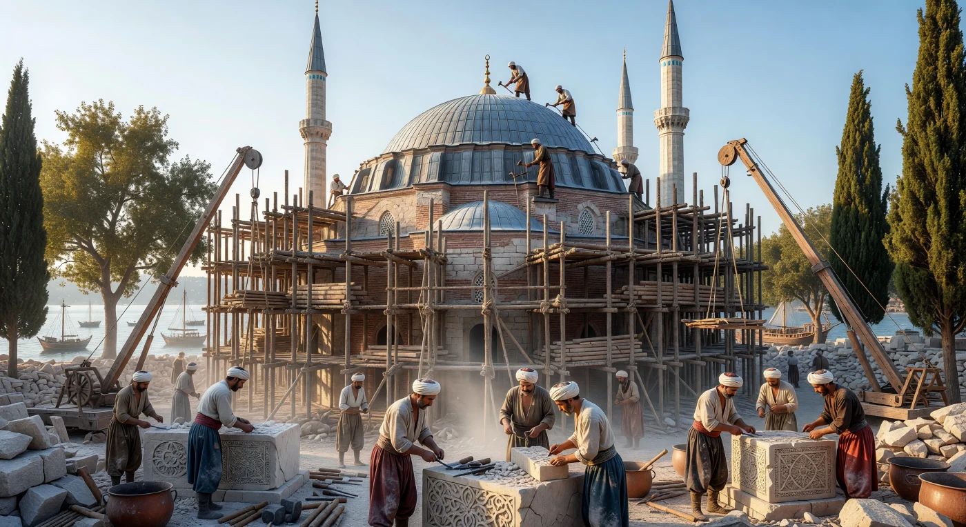 Sous la lumière matinale d'Istanbul, des artisans s'activent sur le chantier monumental d'une mosquée impériale dont le dôme immense est progressivement recouvert de feuilles de plomb protectrices. Ce chef-d'œuvre architectural, conçu par le célèbre Mimar Sinan sous le règne de Soliman le Magnifique, mobilise une main-d'œuvre multiethnique de maçons et de couvreurs travaillant au milieu d'un réseau complexe d'échafaudages en bois brut. Entre les minarets effilés et les grues massives, cette scène illustre l'apogée de l'ingénierie ottomane du XVIe siècle, alliant prouesses techniques et esthétique classique pour transformer durablement l'horizon du Bosphore.