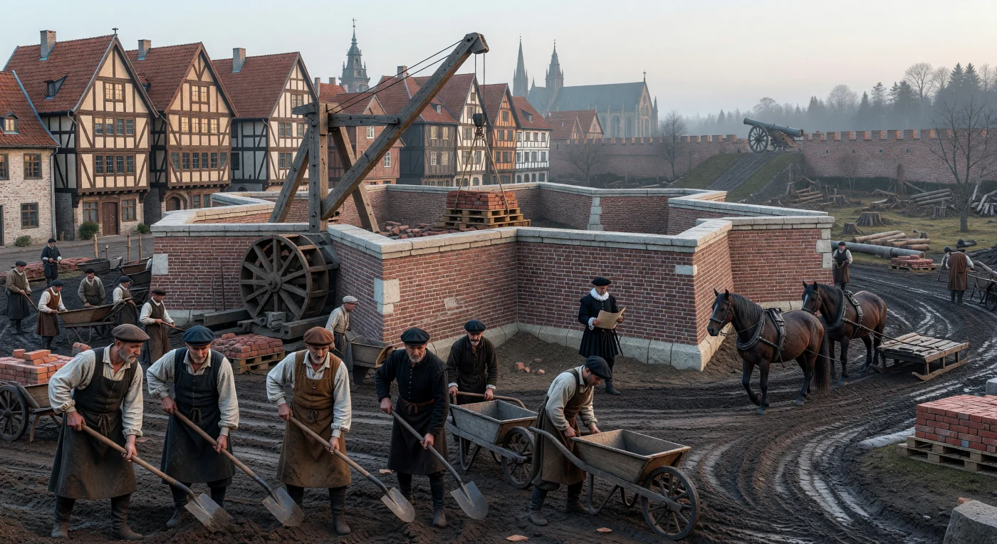 Laborers and master masons toil on the outskirts of a Northern European city to construct a star-shaped bastion, a revolutionary defensive design known as the *trace italienne*. Using wooden treadwheel cranes and iron-headed shovels, they build low, thick walls of brick and earth specifically engineered to deflect and absorb the impact of early modern gunpowder artillery. This scene illustrates the transition from medieval fortifications to sophisticated Renaissance engineering, set against a backdrop of high-gabled houses and the damp, misty atmosphere of the Little Ice Age.
