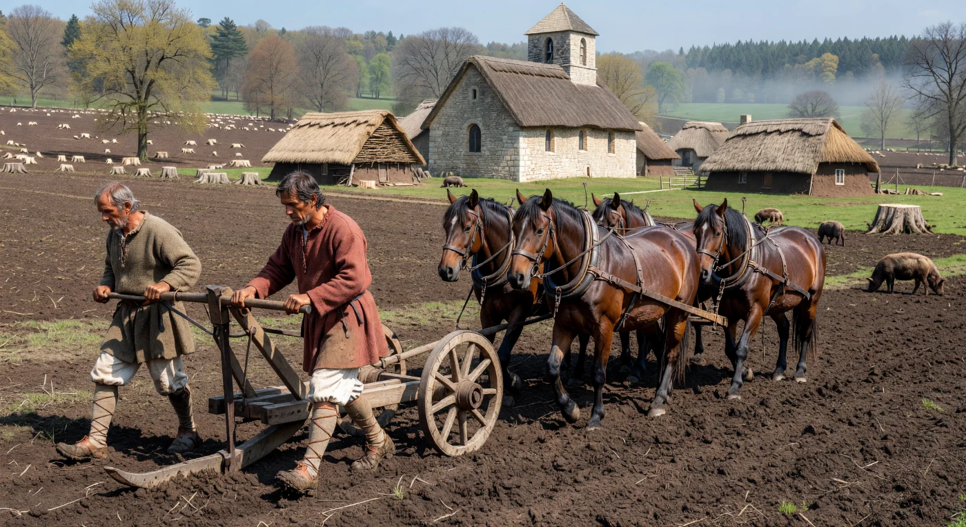 In questa veduta del XII secolo, alcuni contadini francesi manovrano una *carruca*, un innovativo aratro pesante a ruote trainato da cavalli dotati di moderni collari rigidi per massimizzare la forza di trazione. Sullo sfondo, un villaggio in graticcio e una solida chiesa romanica testimoniano la crescita demografica e la stabilità sociale raggiunte durante il periodo caldo medievale. Questa scena illustra la rivoluzione agricola che, attraverso il "grande dissodamento" delle foreste, trasformò radicalmente l'economia e il paesaggio dell'Europa medievale.
