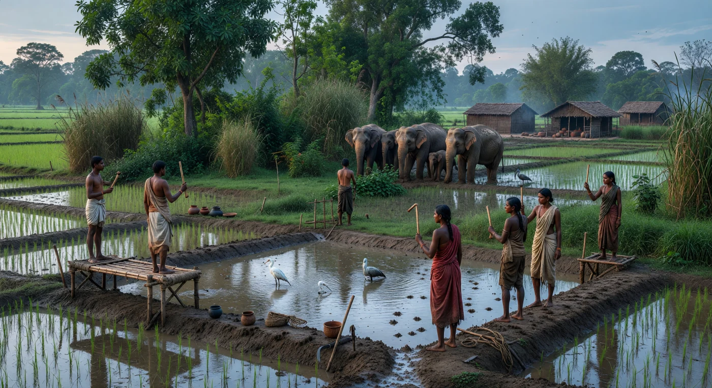 Al margine umido della pianura del medio Gange, intorno al 600–500 a.C., alcuni coltivatori sorvegliano le risaie da rozze piattaforme di legno e bambù, agitando battagli di canna spaccata mentre un piccolo branco di elefanti asiatici sbuca con cautela dal folto di sal, canneti e sterpaglia. I canali fangosi, gli argini calpestati, le impronte di bufalo selvatico e gli aironi bianchi nelle pozze mostrano quanto questo paesaggio fosse ricco d’acqua e di fauna. La scena evoca la frontiera agricola dell’India settentrionale orientale nell’Età del Ferro, quando l’espansione della risicoltura e dei villaggi del medio Gange avanzava accanto a foreste ancora dominate da grandi animali.