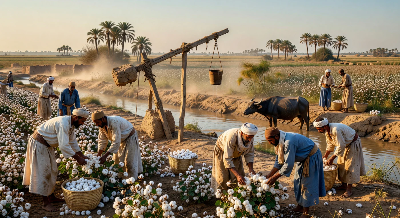 Nel Delta del Nilo del 1850, i braccianti egiziani raccolgono meticolosamente il pregiato cotone Jumel, una coltura che ridefinì l'economia della regione sotto il governo di Muhammad Ali Pasha. Tra i canali di fango e l'uso dello *shaduf* tradizionale per l'irrigazione, la scena cattura la transizione dell'Egitto verso la modernità industriale attraverso un'intensa fatica manuale. Questa immagine vivida, immersa nella luce calda del Mediterraneo, testimonia il ruolo cruciale del paese come fornitore globale di materie prime durante l'Età delle Rivoluzioni.