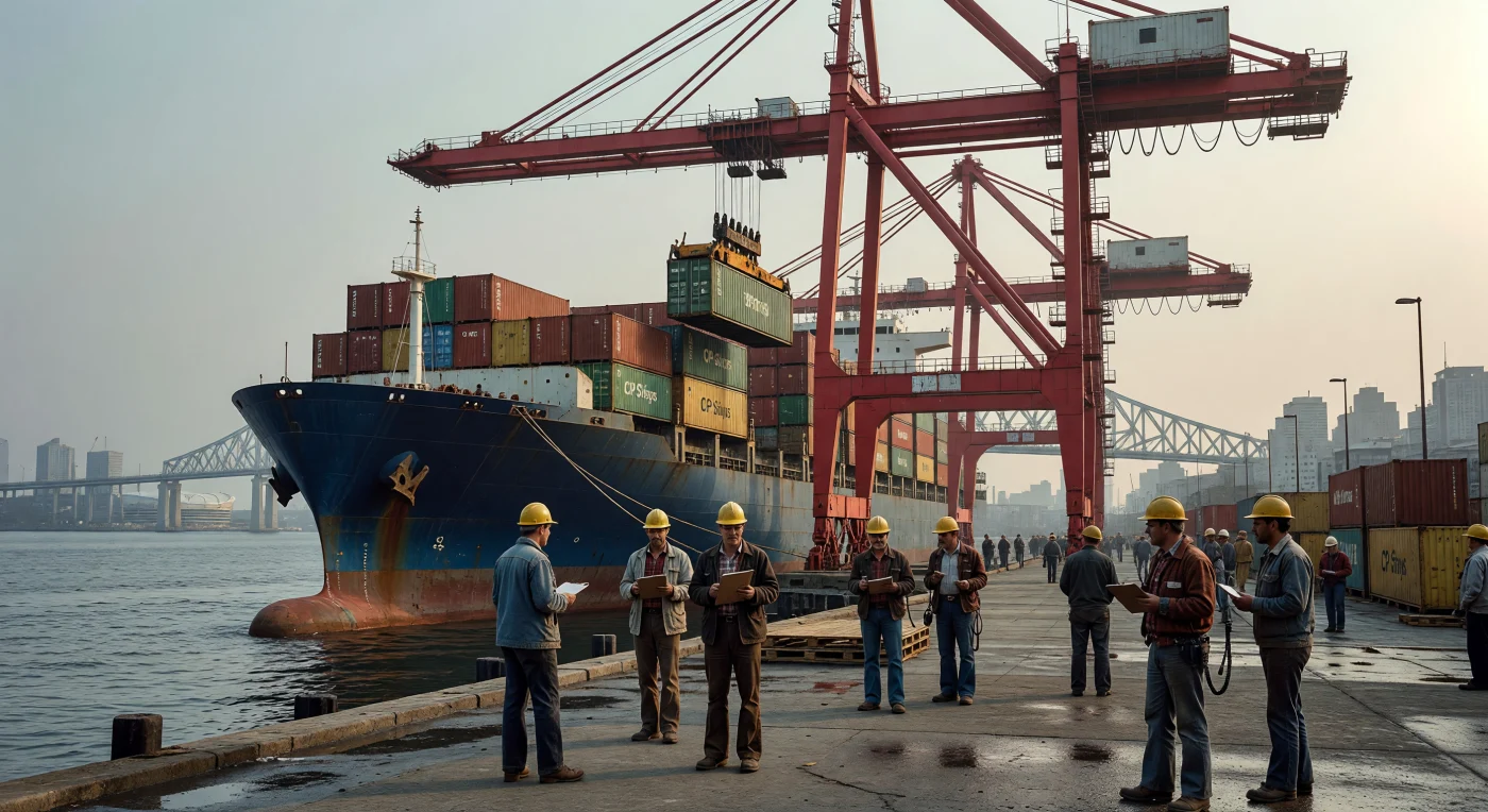 Im Jahr 1978 verdeutlicht diese Szene am Hafen von Montreal den tiefgreifenden Wandel des Welthandels durch die fortschreitende Containerisierung. Vor der nebligen Silhouette der Stadt hieven massive rote Portalkräne standardisierte ISO-Container von einem Frachtschiff auf den feuchten Betonkai, während Hafenarbeiter in zeittypischer Kleidung den logistischen Ablauf koordinieren. Dieser technologische Sprung revolutionierte den Güterverkehr und festigte Montreals Rolle als entscheidendes Bindeglied zwischen dem Atlantik und dem industriellen Herz Nordamerikas.