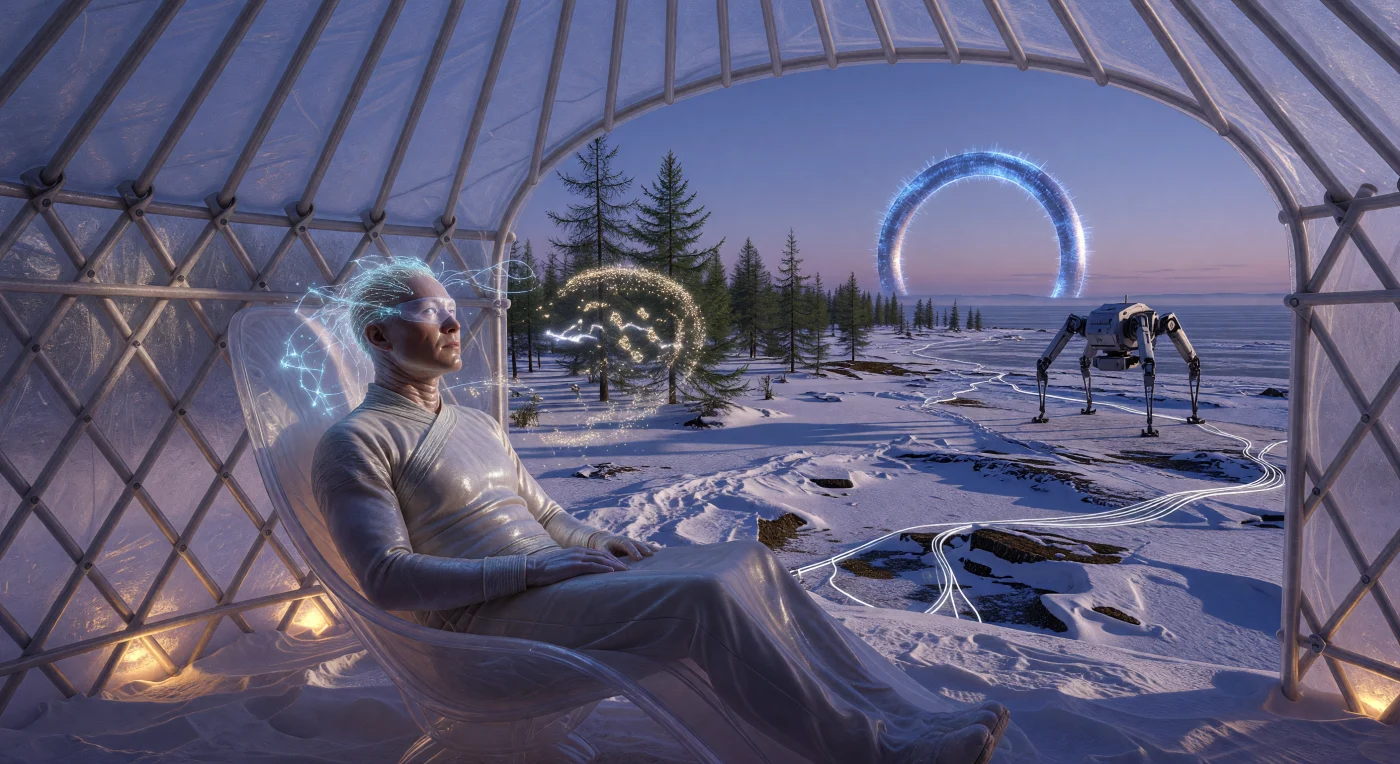 Au cœur de l'Asie du Nord durant la période du Seuil (2025-2050), un opérateur humain « boréal-adapté » — optimisé génétiquement par CRISPR pour la survie en climat extrême — orchestre à distance une flotte de robots miniers hexapodes depuis une yourte de haute technologie isolée à l'aérogel. Ce panorama du lac Khövsgöl révèle une symbiose technologique où des filaments neuronaux « Boreal-Link » et la lueur bleue des réacteurs à fusion transforment le pergélisol sibérien en un pôle énergétique majeur. Entre les mélèzes capteurs de carbone et les infrastructures de capture de méthane, cette scène illustre l'émergence d'une civilisation de type 0,72 sur l'échelle de Kardashev, redéfinissant l'occupation humaine face aux mutations climatiques et géologiques de ce siècle charnière.