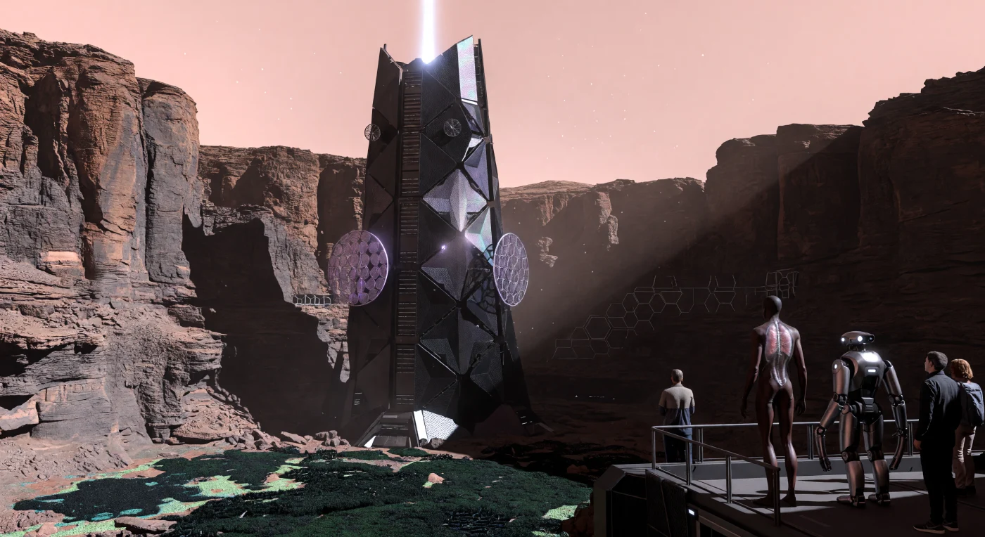 Set within the labyrinthine canyons of Mars during the era of The Convergence (c. 2100–2200 CE), this view showcases a massive Geo-Brutalist server spire integrated into ancient volcanic basalt. The facility supports a diverse population of Areo-Sapiens, including Bio-Adapted humans modified for the 0.38g environment and Uploaded consciousnesses inhabiting sleek, robotic Tele-Presence Frames. Below the glowing microwave rectennas, the Martian regolith is transformed by engineered cyanobacteria and lichen mats, marking the early stages of planetary terraforming through synthetic biology and concentrated solar energy.