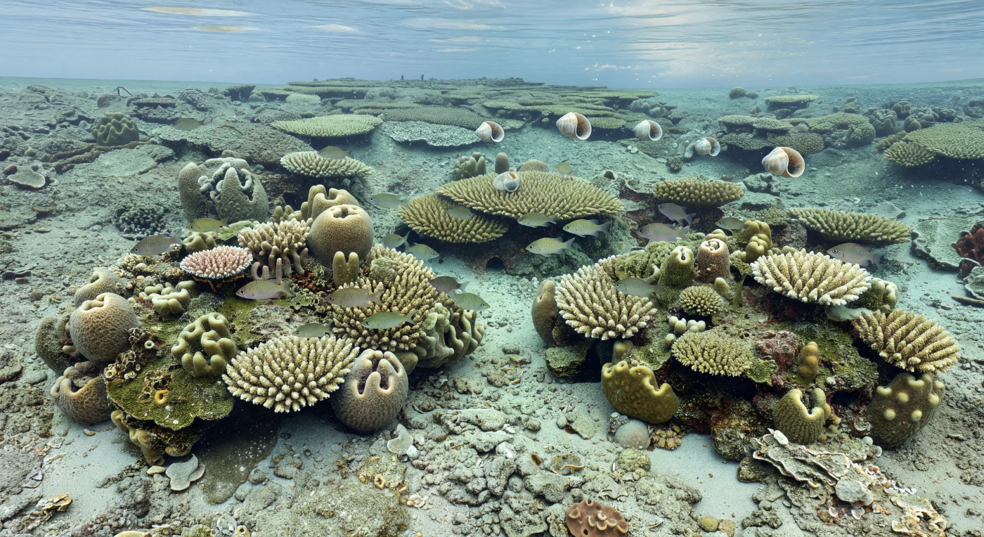 Sur la bordure tropicale de la Téthys, il y a environ 220 à 210 millions d’années, de bas biohermes calcaires émergent en bosses beige et olive, construits par les coraux scléractiniaires Retiophyllia et Volzeia, mêlés à de volumineuses éponges sphinctozoaires et liés par des croûtes microbiennes. Entre les branches coralliennes, de petits poissons Peltopleurus de 10 à 15 cm se faufilent en bancs serrés, tandis que des ammonoïdes Arcestes dérivent dans l’eau bleu-vert au-dessus du récif. Cette scène montre un monde marin du Trias supérieur (Norien) très différent des récifs modernes: ici, coraux, éponges et microbes bâtissent ensemble l’architecture du récif sur les marges de la Laurasie.