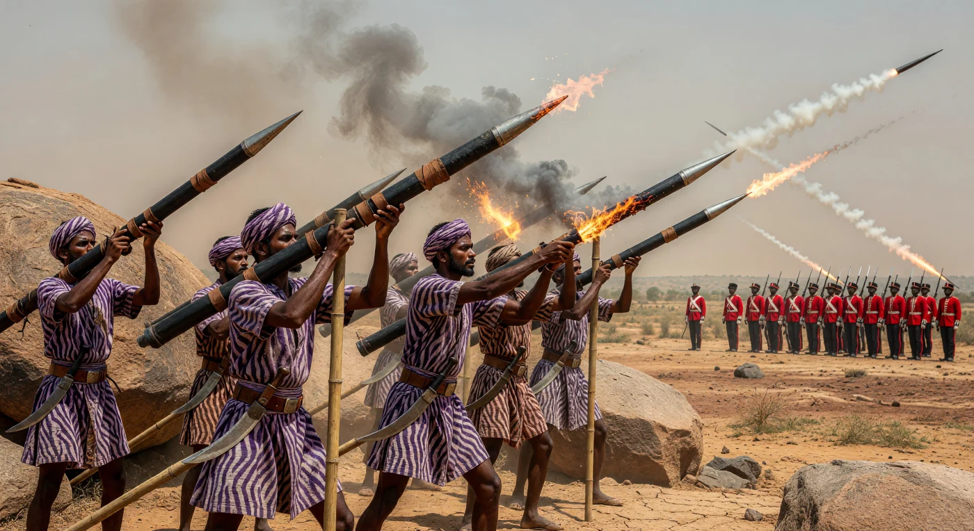 Sur le plateau aride du Deccan, des soldats du corps des fuséiers de Mysore, vêtus de tuniques *babri* aux motifs de tigre, s'apprêtent à lancer des roquettes à enveloppe de fer fixées sur de longues tiges de bambou vers les lignes britanniques. Ces armes incendiaires novatrices, perfectionnées sous le règne de Tipu Sultan à la fin du XVIIIe siècle, ont révolutionné l'art de la guerre en Inde en offrant une portée et une puissance de feu inédites contre les troupes coloniales. Cette scène illustre la sophistication technologique et la résistance farouche du Royaume de Mysore face à l'expansion de la Compagnie britannique des Indes orientales durant l'ère des révolutions.