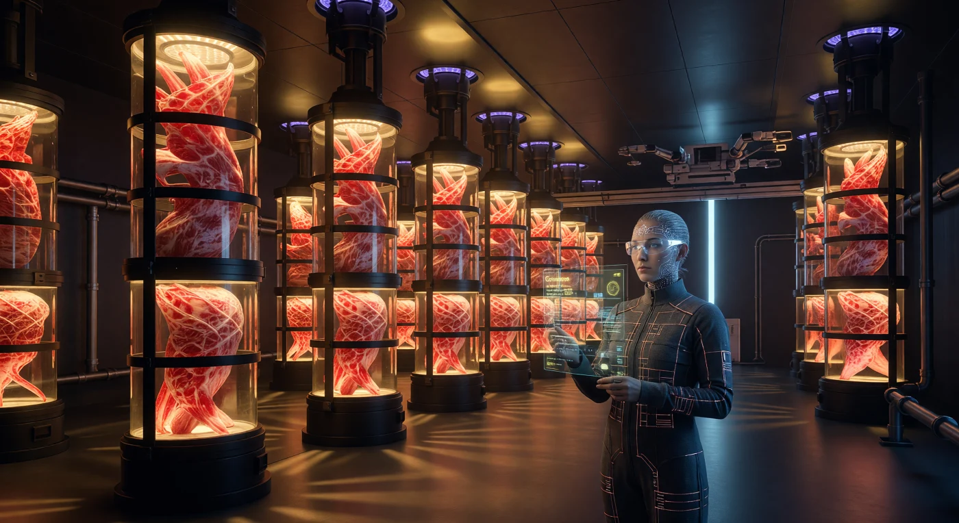 En el año 2084, durante la era conocida como el Amanecer Aumentado, las arcologías de la Unión Transatlántica integraron la biología molecular avanzada para asegurar la subsistencia en entornos urbanos hiperdensos. En esta bahía de cosecha, un técnico humano de clase «Optima» supervisa hileras de biorreactores Cradle-Vat donde se cultiva tejido muscular de atún de aleta azul (*Thunnus thynnus*) bajo una iluminación ámbar diseñada para la sincronización circadiana. Esta sofisticada simbiosis entre la energía de fusión y la ingeniería genética permitió a la sociedad neo-humanista producir proteínas de alta densidad sin impacto ecológico, marcando un hito en la transición hacia una biosfera totalmente regulada.