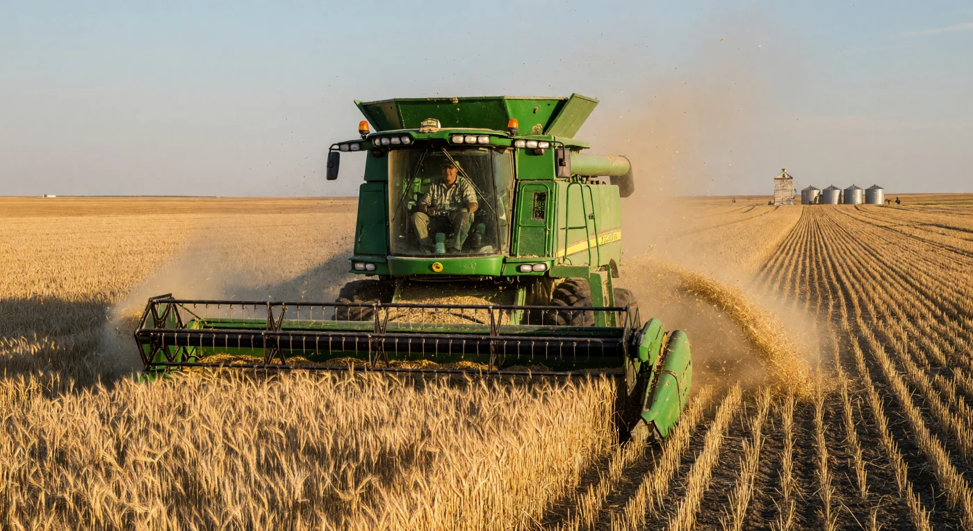 Una imponente cosechadora John Deere 9600 Maximizer avanza a través de un mar dorado de trigo en las vastas praderas de Saskatchewan durante la cosecha de 1994, dejando tras de sí una densa nube de polvo bajo el inmenso cielo canadiense. Esta escena ilustra el apogeo de la agricultura industrial de finales del siglo XX, periodo en el que la mecanización avanzada y las semillas de alto rendimiento transformaron las llanuras en uno de los graneros más productivos del mundo. La silueta de los elevadores de granos en el horizonte subraya la integración definitiva del paisaje rural en la economía globalizada de la era contemporánea.