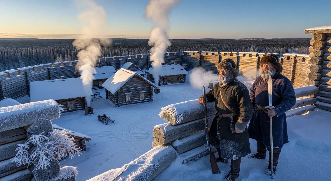 This scene captures Russian Cossack guards standing watch over the Tobolsk Ostrog during a frigid Siberian winter morning circa 1690. Armed with flintlock muskets and traditional *palma* polearms, these frontiersmen guarded the wooden fortifications that served as essential administrative hubs for the lucrative "soft gold" fur trade. Below the frost-covered ramparts, traditional log *izbas* emit smoke from clay stoves, their small windows fitted with translucent fish bladders as a practical alternative to rare and costly glass.