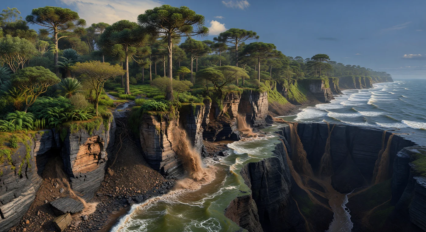 En esta costa de margen continental fracturado del Jurásico, hace aproximadamente 170–155 millones de años, altos acantilados de areniscas, limolitas y diques basálticos caen bruscamente hacia un mar que se oscurece en muy poca distancia al descender por el talud continental hasta la cuenca profunda. Detrás de ellos prospera un bosque húmedo dominado por araucariáceas de 20–40 m, acompañado por bennettitales, espesos rodales de Equisetites y helechos, mientras las lluvias de tormenta arrastran plumas de sedimento marrón al océano y alimentan corrientes de turbidez que transportan barro hacia profundidades batiales. La escena captura un mundo invernadero sin hielos polares, durante la fragmentación de Pangea, cuando nuevas cuencas oceánicas jurásicas se abrían y conectaban paisajes costeros exuberantes con los misteriosos fondos marinos del Mesozoico.