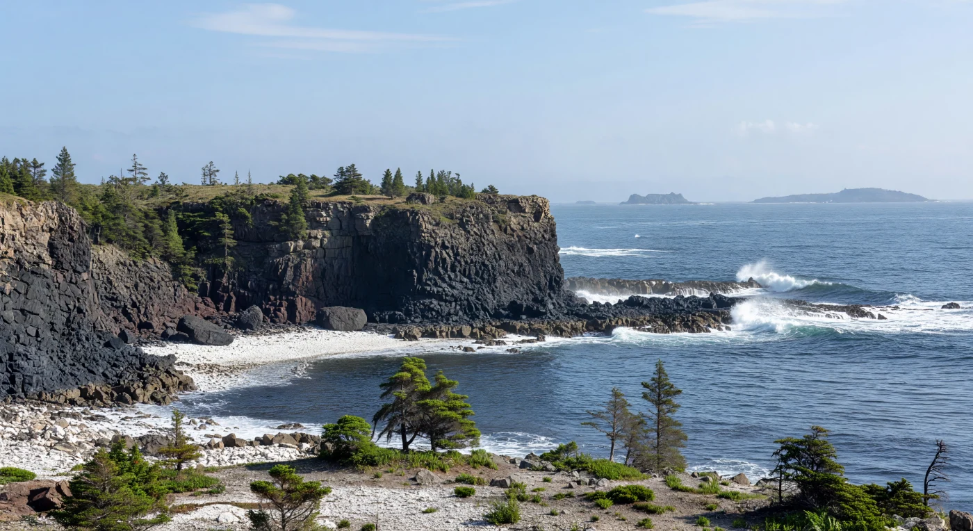 Sulle rive di una remota isola vulcanica della Panthalassa, alte scogliere di basalto nero — con colate sovrapposte, fratture colonnari e affioramenti di lave a cuscino — vengono colpite da lunghe onde d’acciaio blu, mentre alla base si stende una sottilissima piattaforma carbonatica bianca di sabbie calcaree e detriti di conchiglie. Siamo nel Permiano più tardo, circa 252 milioni di anni fa, poco prima della “Grande Moria”, quando il più vasto oceano della Terra circondava Pangea e molti arcipelaghi oceanici erano modellati da vulcanismo attivo e da mari poco profondi localmente ricchi di carbonati. Sulle cenge battute dal vento crescono radi boschetti di conifere primitive come Walchia e Ullmannia, piante resistenti alla salsedine e alla siccità che colonizzavano questi ambienti duri e instabili in un mondo sull’orlo della più grande crisi biologica della storia.