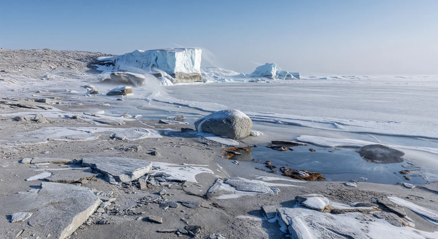 Cette côte du Cryogénien, il y a environ 720 à 635 millions d’années, montre une Terre « boule de neige » d’une austérité extrême: un océan entièrement scellé par une épaisse banquise, des falaises glaciaires bleuâtres, et un désert continental de roches fracturées, de poussière glaciaire et de blocs erratiques. Dans ce paysage sans plantes ni animaux, les seules traces de vie visibles sont de minces croûtes microbiennes — biofilms de bactéries et d’archées, peut-être accompagnés de cyanobactéries dans des poches de fonte saumâtres — accrochées aux surfaces humides. Ces scènes ont pu se produire durant les grandes glaciations sturtienne et marinoenne, quand les rivages des continents issus de la dislocation de Rodinia bordaient des mers gelées presque à l’échelle planétaire.