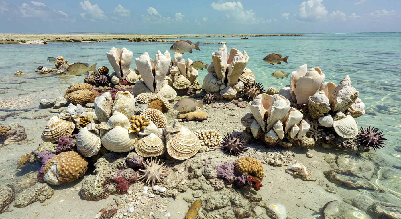 In questa scena si vede la cresta di una scogliera tropicale della Tetide equatoriale nel Cretaceo superiore, circa 100–66 milioni di anni fa, dove il “reef” è costruito soprattutto da densi banchi di rudiste e non da coralli moderni. Le alte conchiglie coniche di Hippurites, affiancate da Radiolites e Toucasia, si innalzano dal fondale calcareo tra chiazze di corallo Actinastrea, alghe calcaree rosso-violacee e ricci cidaroidi dalle spine robuste. Tra queste torri di bivalvi nuotano pesci picnodonti dal corpo alto e compresso, adattati a frantumare gusci duri in un mare caldo, limpido e poco profondo che racconta un mondo-serra ormai perduto nel tempo profondo.