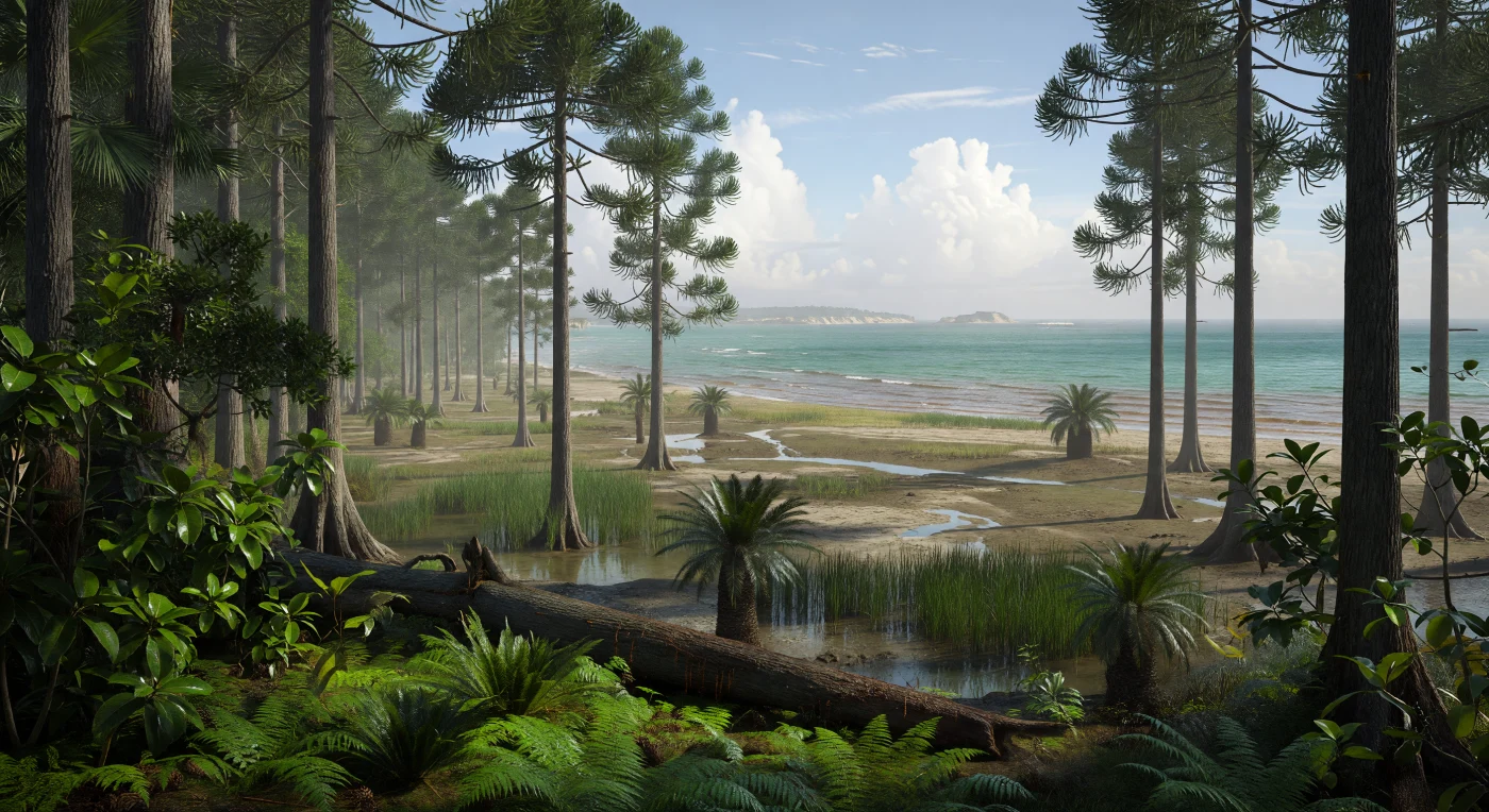 On a humid Late Cretaceous shoreline about 100–70 million years ago, towering araucarian conifers and swamp cypresses rise above a dense coastal understory of cycads, ferns, horsetails, and early broad-leaved angiosperms. The muddy, low-gradient plain is cut by brackish channels and backwaters that lead to a warm shallow epicontinental sea, reflecting the greenhouse climate and high sea levels of the Cretaceous. This scene captures a transitional coastal ecosystem in which ancient gymnosperm-dominated forests still flourished while flowering plants were becoming an increasingly important part of terrestrial vegetation.