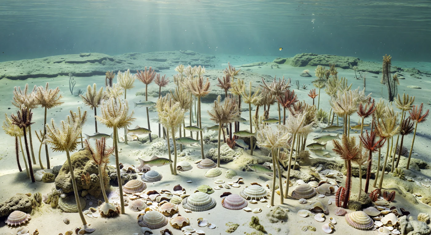 On a warm, clear Carboniferous carbonate shelf along the arid-margin seas of Pangaea, dense stands of stalked crinoids such as Poteriocrinus and Platycrinites rise above a shell-rich seabed crowded with brachiopods including Productus and Spirifer. Small palaeonisciform fishes, Elonichthys, weave through the feathery crowns, while broken columnals, bryozoans, and bioclastic debris record a thriving Paleozoic seafloor community. This scene represents a shallow marine ecosystem of the Late Carboniferous, roughly 310–300 million years ago, when echinoderm meadows and brachiopod pavements were prominent features of many tropical to subtropical carbonate platforms.