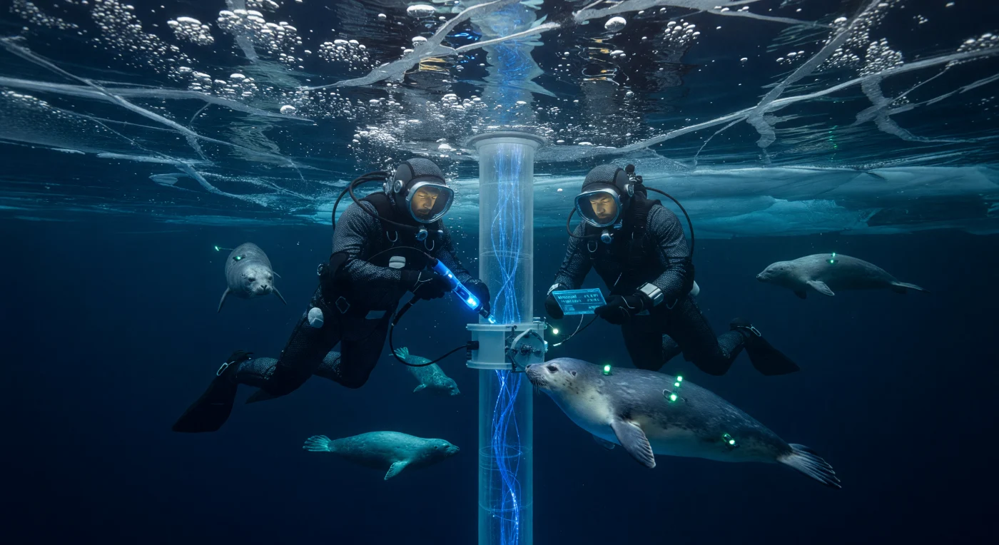 During the mid-21st century Threshold era (2025–2050), Boreal-adapted divers maintain vital high-oxygen extraction infrastructure thirty meters beneath the frozen surface of Lake Baikal. These technicians, protected by graphene-reinforced suits and biological CRISPR enhancements, work alongside inquisitive endemic Baikal Nerpa (*Pusa sibirica*) equipped with bioluminescent tracking sensors. The scene captures the intersection of advanced cryogenic engineering and human biological adaptation required to harness the pristine resources of Northern Asia’s sub-glacial environments.