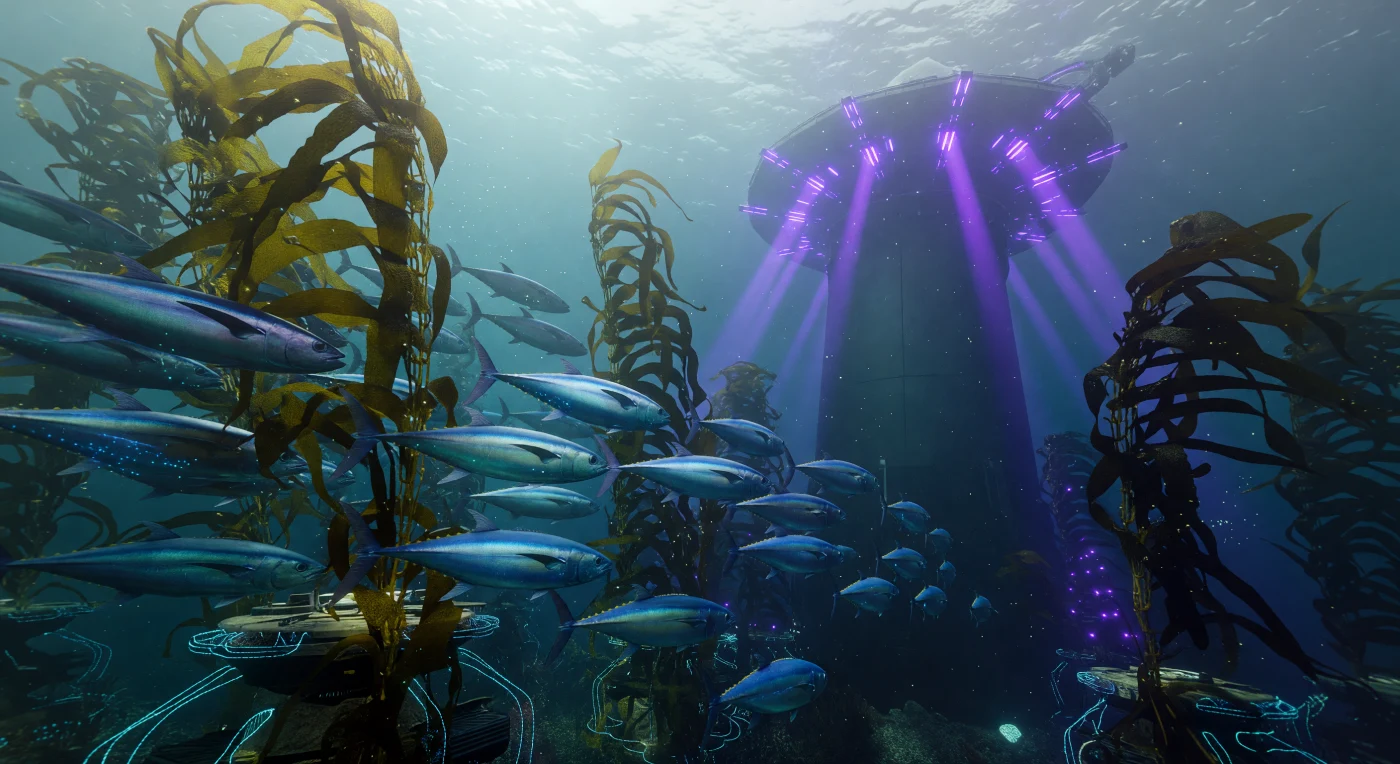 This depiction of the "Blue Acceleration" during the mid-21st century (2025–2050) illustrates the shift toward a heavily managed marine industrial frontier. A school of CRISPR-enhanced Bluefin Tuna migrates through a "Carbon Sink" province dominated by 100-meter-long genetically modified Giant Kelp (*Macrocystis gigas*), which features translucent fronds engineered for maximum carbon sequestration. In the background, the rhythmic violet glow of an Ocean Thermal Energy Conversion (OTEC) platform signals the era’s reliance on the "Blue Grid" for planetary power, while the water is illuminated by a combination of artificial sonar pulses and sunlight filtered through stratospheric aerosols.