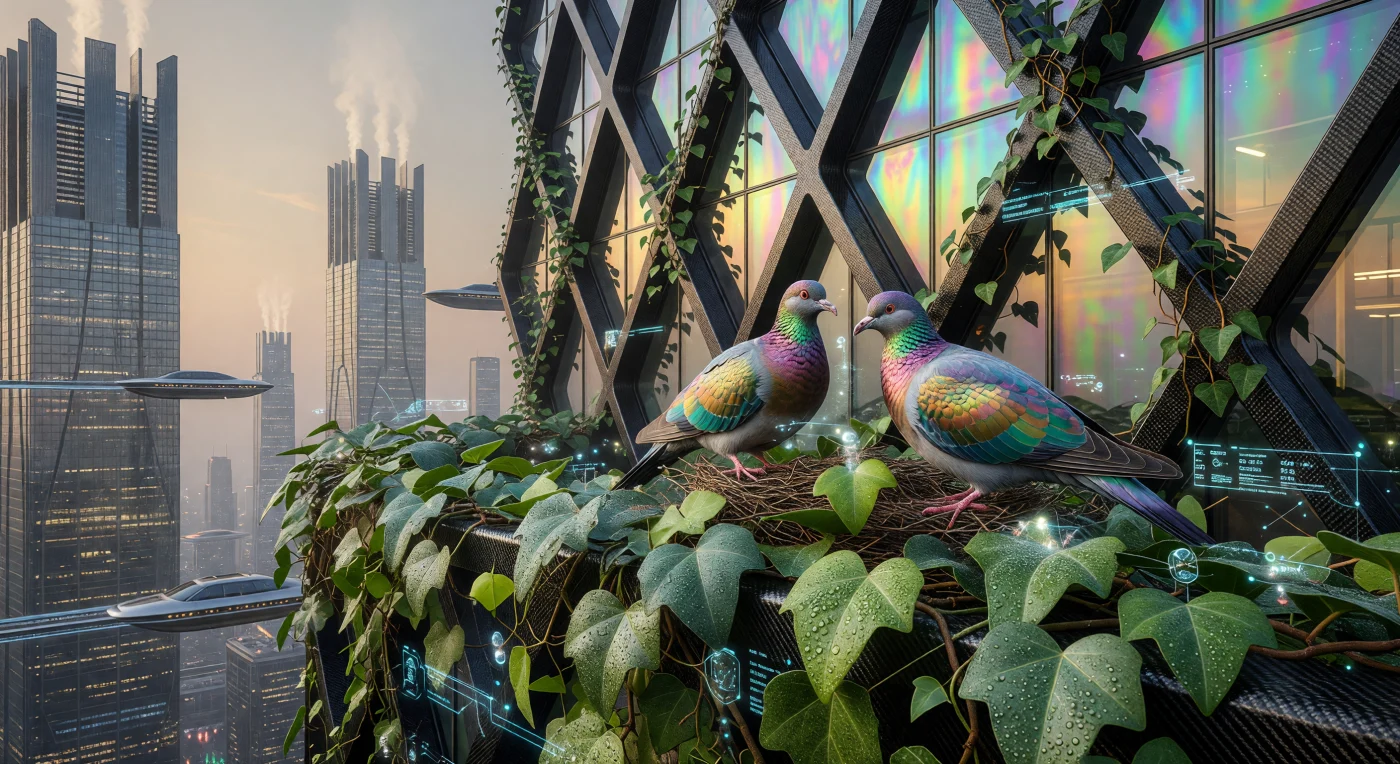 In der Ära der Konvergenz (2100–2200 n. Chr.) nistet ein Paar de-extinktierter Wandertauben (*Ectopistes migratorius v.2.0*) in den vertikalen Wäldern einer Neo-Eurasischen Megacity. Diese mittels CRISPR-Verfahren wiederbelebten Vögel zeigen eine durch Nanostrukturen verstärkte Iriszenz und bewohnen biotechnologisch optimierten „Super-Efeu“, der zur CO2-Sequestrierung direkt in die Kohlenstofffaser-Architektur der Wolkenkratzer integriert wurde. Die Szene illustriert die Vision einer technologischen Biosphäre, in der die Grenzen zwischen biologischer Evolution und synthetischer Ingenieurskunst innerhalb einer hocheffizienten Typ-1.2-Zivilisation verschwimmen.