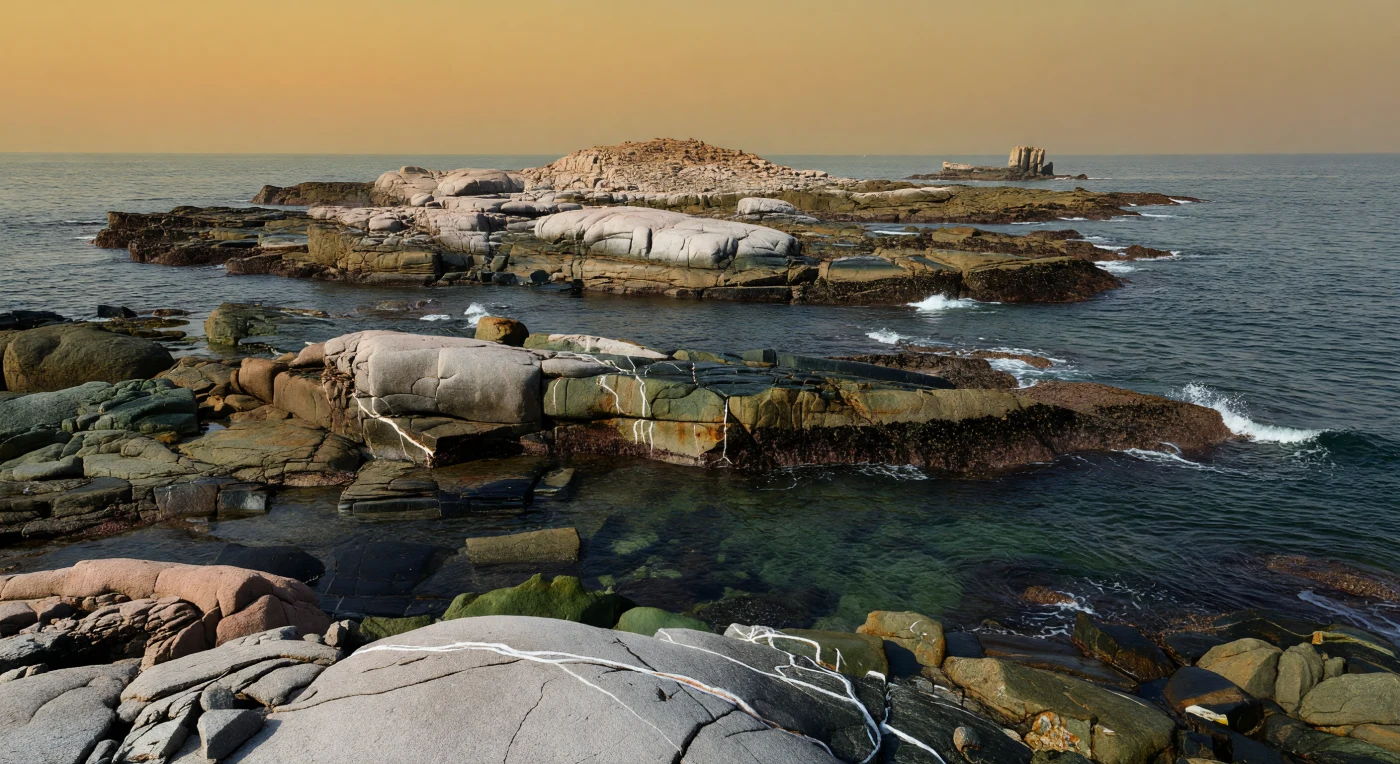 Esta costa estéril mostra um dos primeiros núcleos continentais da Terra, há cerca de 3,2–2,8 mil milhões de anos, quando pequenos crátons de rochas TTG (tonalito–trondhjemito–granodiorito) e basaltos esverdeados emergiam apenas algumas dezenas de metros acima de um oceano imenso. Sob um céu acobreado enevoado por metano e com um Sol mais fraco do que o atual, as plataformas rochosas polidas pelas ondas exibem fraturas, veios ricos em sílica e superfícies vulcânicas alteradas — um mundo sem solo, plantas ou animais. Paisagens deste tipo, comparáveis aos ancestrais dos crátons de Pilbara, Kaapvaal e Superior, marcaram o início da crosta continental estável e prepararam os ambientes costeiros onde microrganismos primitivos poderiam prosperar discretamente.