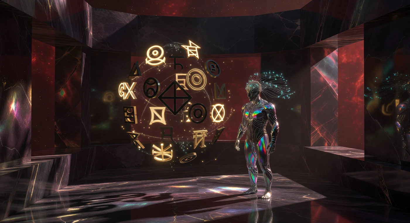 On the high-gravity world of Proxima b, a scholar of the "Crystalline Density" phenotype contemplates a rotating Glyph-Flow transmission during the Interstellar Dawn (c. 3000–5000 CE). The individual displays specialized biological adaptations for a 1.17g environment, including a compact, muscular frame and silicon-reinforced skin that catches the dim, crimson light of the red dwarf star Proxima Centauri. This scene illustrates the "Great Dispersal" era, a period defined by post-humanity’s mastery of genetic plasticity and advanced volumetric technology as they transitioned into a multi-stellar civilization.