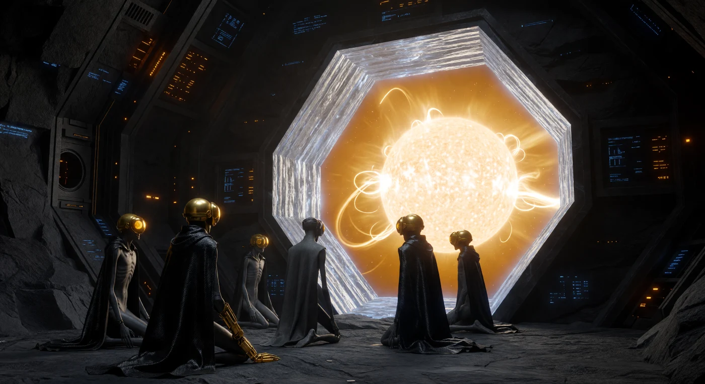 En el interior de una estación minera del Cinturón, un grupo de «Nacidos en el Vacío» contempla una violenta eyección de masa coronal a través de un portal de cuarzo, protegidos por vestiduras de plomo y filtros oculares de oro. Esta escena ilustra la Gran Divergencia (2200-2500 d.C.), un hito evolutivo donde la humanidad se fragmentó en subespecies con adaptaciones morfológicas a la baja gravedad, visibles en sus extremidades elongadas y estructuras óseas gráciles. El contraste entre los muros de basalto marciano y el resplandor solar resalta la adaptación biológica y cultural de estos colonos a los entornos de alta radiación, transformando la supervivencia industrial en un ritual de fervor cósmico.