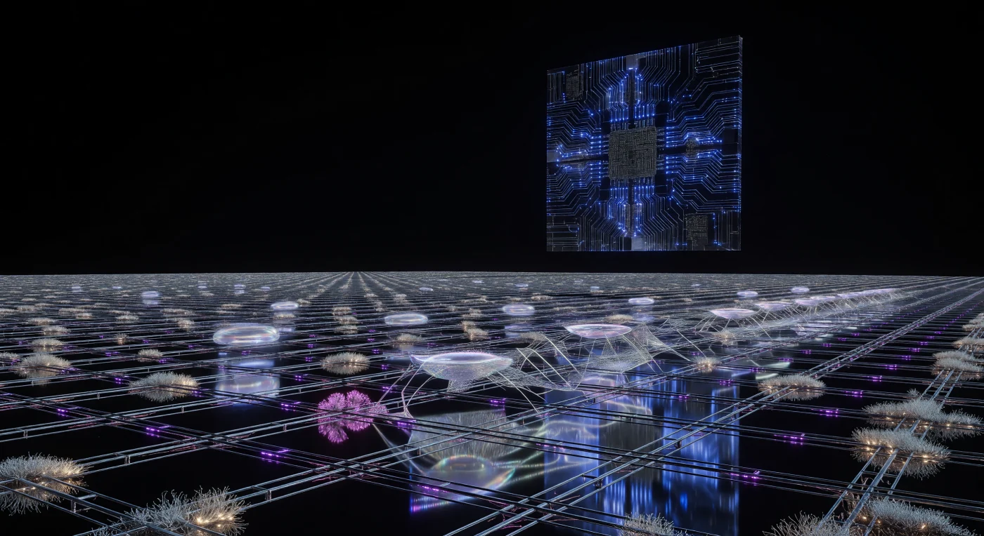 Nesta vasta planície de silício polido durante a Era do Horizonte (aprox. 100.000 – 1.000.000 d.C.), impressoras de Condensado de Bose-Einstein tecem redes de carbono com precisão atômica sob um céu de vácuo absoluto. O horizonte é dominado por um Monólito monumental, um processador cristalino que serve como repositório para bilhões de Seres Independentes de Substrato (SIBs), as entidades pós-biológicas que sucederam a vida orgânica na transição para uma civilização de Escala Kardashev 2.8. Enquanto radiadores planetários emitem um brilho magenta para dissipar o calor residual, o musgo de silício "feral-do-vácuo" — um extremófilo não consciente — coloniza as bordas desta necrópole tecnológica, otimizada para o processamento de dados e o arquivamento da consciência em escala cósmica.