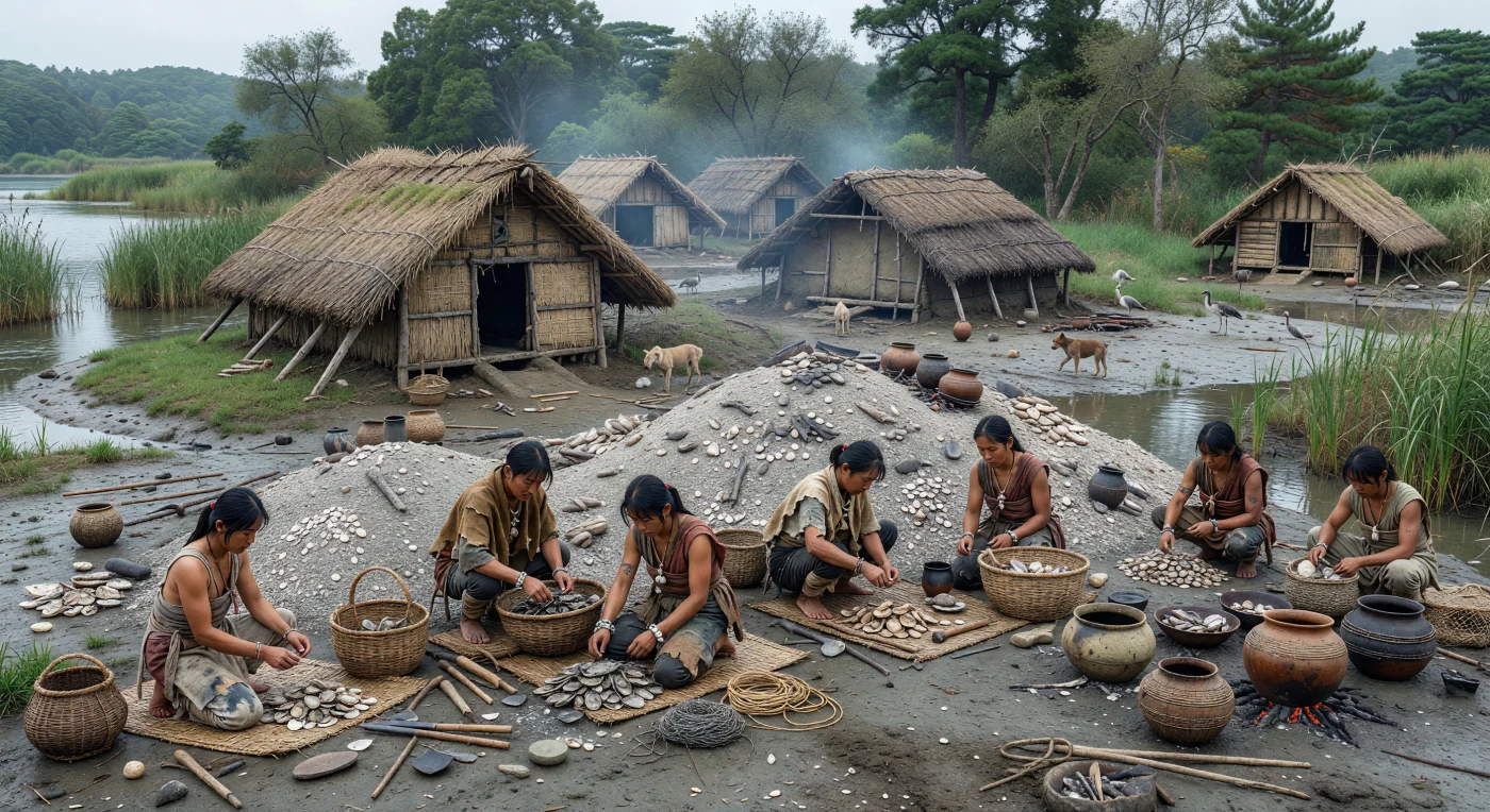 Su questa piana fangosa di un estuario giapponese, famiglie del periodo Jōmon selezionano ostriche e vongole davanti a grandi cumuli bianco-grigi di conchiglie, mentre accanto alle case seminterrate di legno e paglia fumano focolari e recipienti di ceramica decorati a cordicella. Questi shell midden, formati nell’arco di generazioni, non erano semplici discariche: conservano tracce preziose di dieta, utensili, ossa e frammenti di vasi, rivelando una società costiera altamente adattata alla pesca, alla raccolta di molluschi e alla vita di estuario. La scena mostra il tardo mondo Jōmon, quando in molte regioni del Giappone comunità di cacciatori-raccoglitori stabili vivevano in villaggi duraturi, ben prima che l’agricoltura del riso trasformasse il paesaggio.