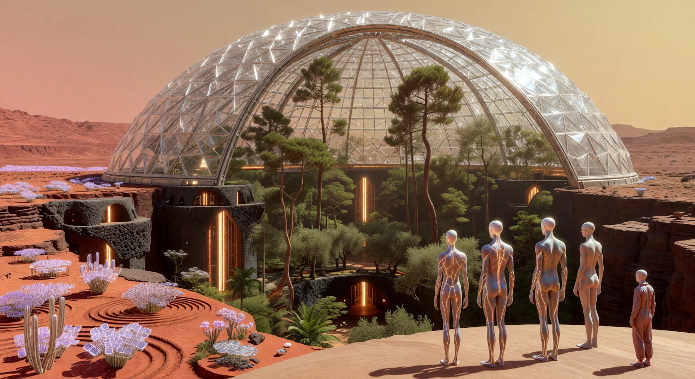 Esta vista del "Gran Salón Marciano" en Valles Marineris muestra el imponente Domo de Alon, una estructura de oxinitruro de aluminio de cuatro kilómetros que protege un ecosistema mediterráneo de la radiación y el vacío exterior. Durante la Gran Divergencia (2200–2500 d.C.), los humanos "Expansionistas Líticos" se adaptaron biológicamente a la baja gravedad con fisonomías gráciles y venas bioluminiscentes, conviviendo con pinos de Alepo modificados que alcanzan alturas prodigiosas bajo la cúpula. En el paisaje circundante, "Cactus de Cristal" fractales recolectan energía ultravioleta entre arenas de óxido de hierro y villas de regolito fusionadas molecularmente en los acantilados de basalto, ejemplificando la fractura definitiva entre las civilizaciones terrestre y marciana en su búsqueda por conquistar el espacio profundo.