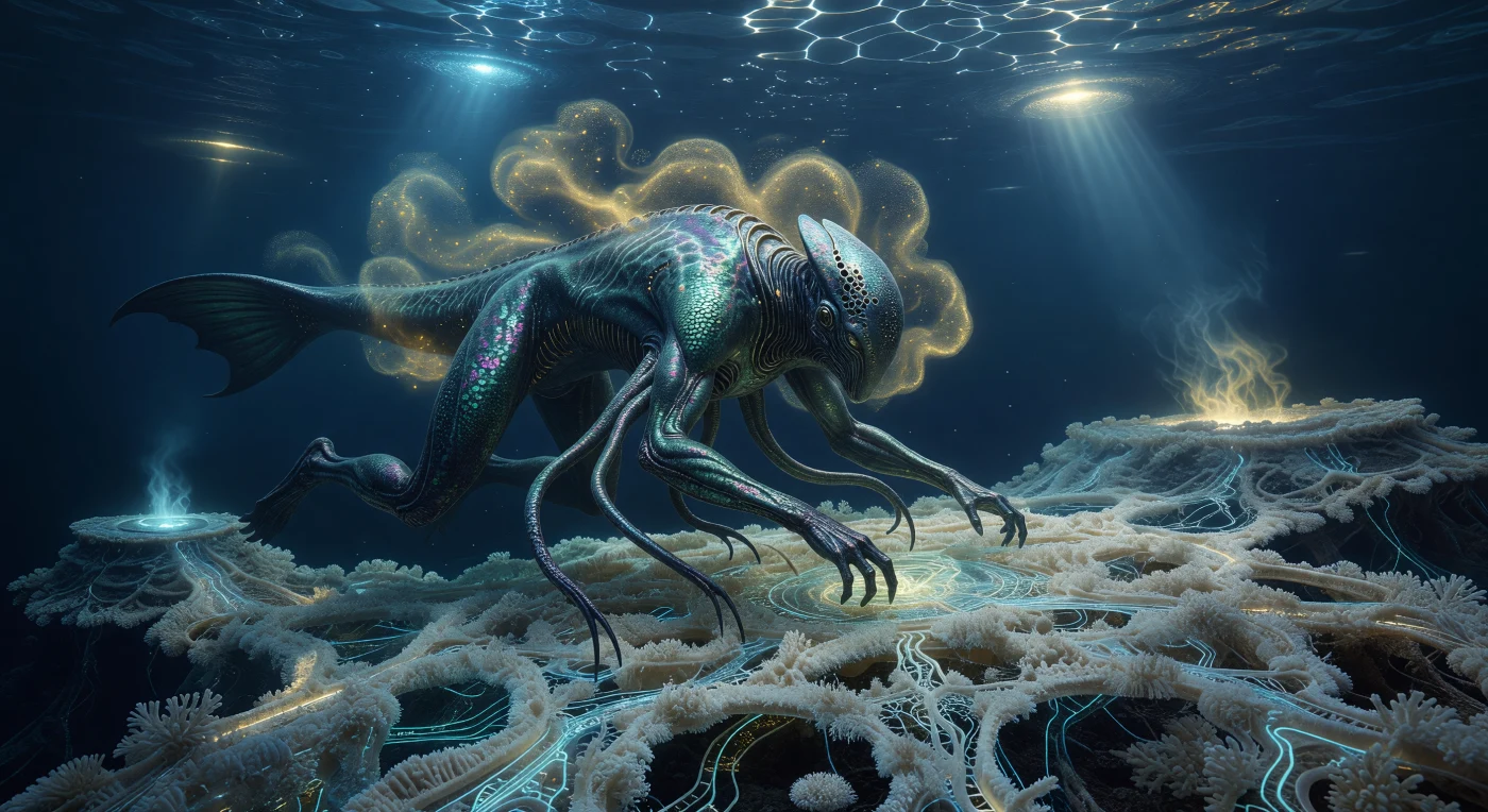 Un lavoratore *Cetus-Sapien* manipola con precisione i circuiti bioluminescenti del Bio-Lattice, una complessa rete di coralli computazionali che gestisce l'ecosistema abissale di Tau Ceti e. Durante l'epoca dell'Alba Interstellare (3000-5000 d.C.), questi discendenti post-umani si sono evoluti per abitare oceani profondi 120 chilometri, sviluppando una fisiologia idrodinamica rinforzata con nanotubi di carbonio per resistere a una gravità di 1,6g. Mentre i suoi arti tentacolari curano l'infrastruttura vivente, l'individuo assorbe sostentamento da una "Nube Nutriente" di microbi bio-ingegnerizzati, immerso in un mondo dove la tecnologia organica e la biologia si fondono nel silenzio delle correnti idrotermali.