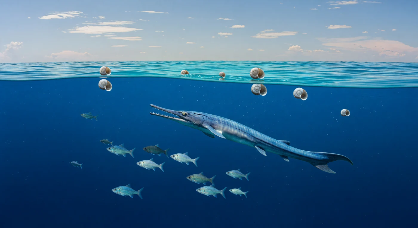 Au milieu du Trias, il y a environ 242 à 237 millions d’années, l’immense océan Panthalassa couvrait l’essentiel de la planète. Dans ces eaux pélagiques chaudes et profondes, un Cymbospondylus, long de 6 à 8 mètres, surgit sous un banc de Perleidus affolé, tandis que des ammonoïdes Trachyceras à coquille spiralée dérivent près de la surface ensoleillée. Cette scène saisit un monde marin ancien déjà dominé par des reptiles nageurs rapides, où poissons osseux et céphalopodes prospéraient bien avant l’apparition des océans modernes.