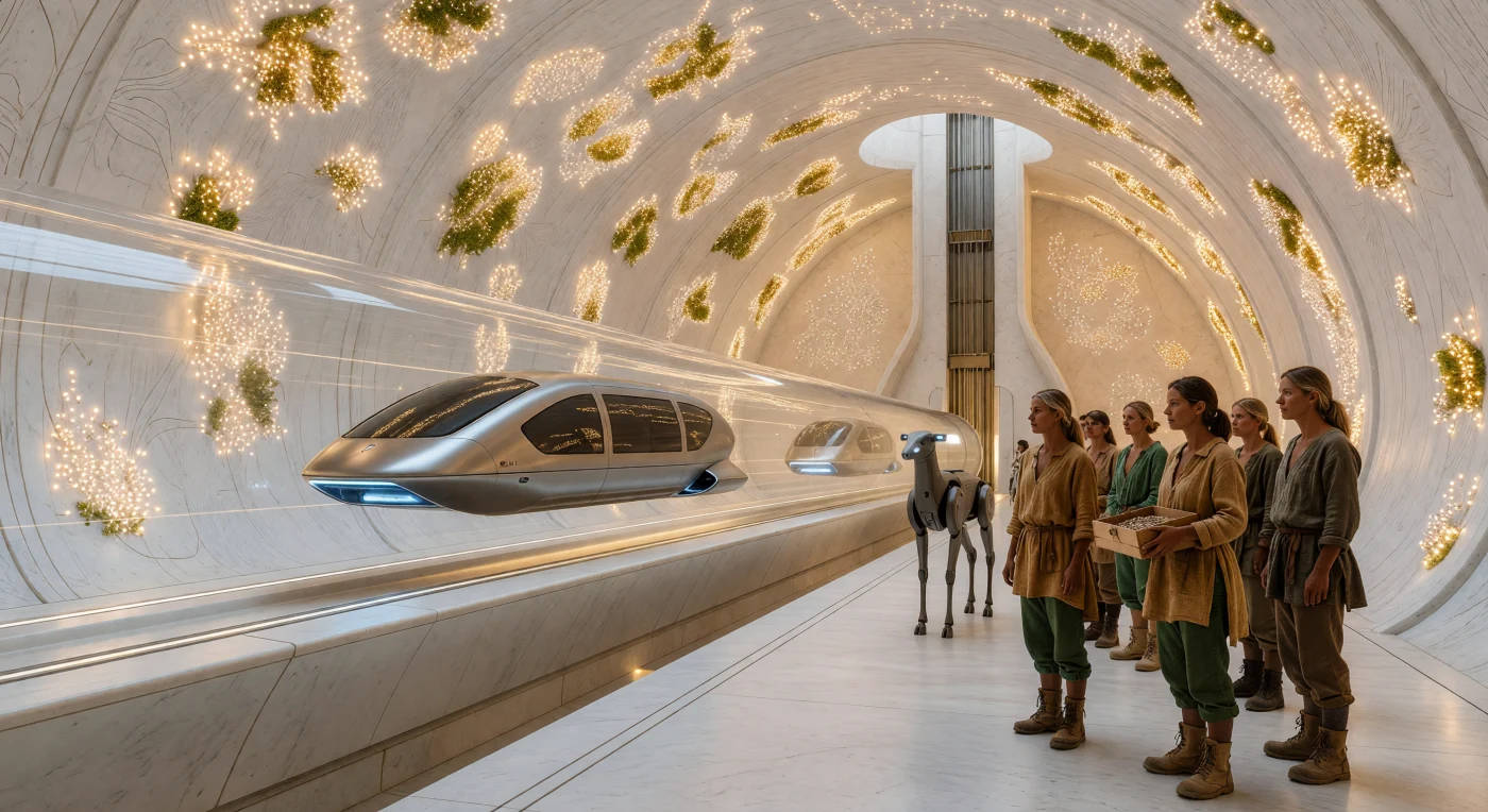 西暦2200年から2500年にかけての「大分岐」時代、地球の自然保護区の地下50メートルには、地上の生態系を乱さずに移動を可能にする巨大な真空マグレブ・ターミナルが建設されました。発光する合成苔「ピエゾ・フローラ」に彩られた白いセラミックの空間では、あえて遺伝子改変を拒んだ「ホモ・サピエンス・ベースライン（ナチュラル）」たちが、四足歩行型の監視AI「カストディアル・センチネル」に見守られながら静かに移動の時を待っています。高度な核融合技術や磁気浮上システムが、原始的な農耕生活を営む人類の「静止のゆりかご」を支えるという、この時代特有の逆説的な文明の調和がここに示されています。