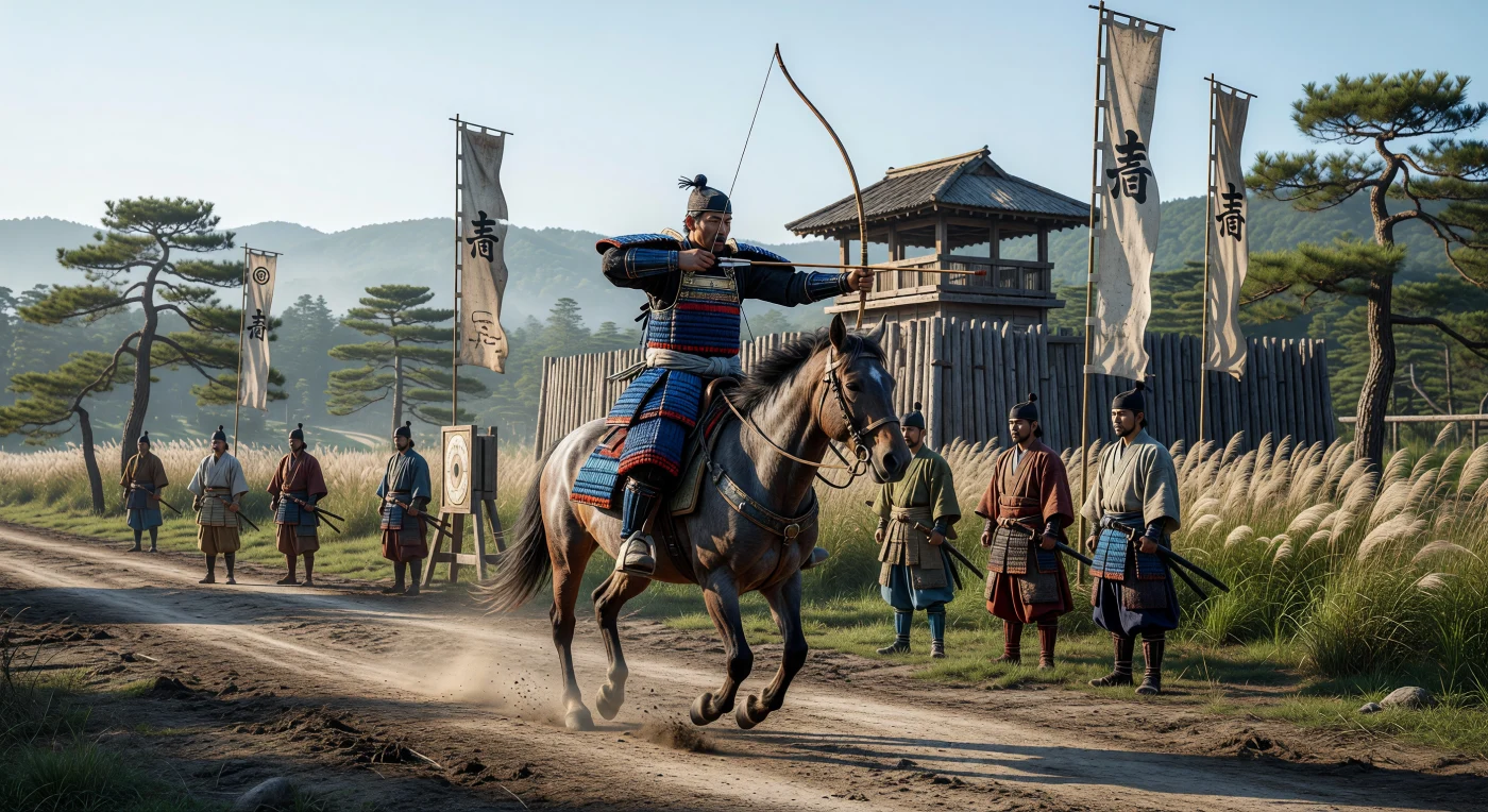 13世紀、鎌倉時代の武士たちが、木造の砦の傍らで伝統的な騎射の技「流鏑馬（やぶさめ）」の修練に励む緊迫した光景です。頑強な木曽馬に跨る高位の武士は、藍色と紅色の絹糸で緻密に綴じられた重厚な「大鎧（おおよろい）」を纏い、疾走しながら力強く和弓を引き絞っています。平安時代の優雅な宮廷文化から武家による実利的な統治へと移り変わったこの時代、機能美と象徴性を兼ね備えたこれらの武具は、戦場における武士の誇りと規律を体現するものでした。