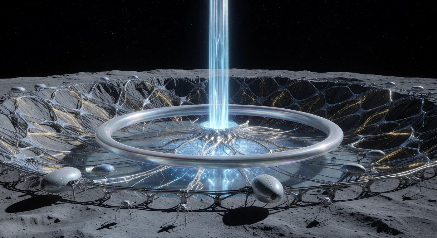 يظهر في هذا المشهد من "العصر المجري" (5,000 - 20,000 ميلادي) محرك كوكبي هائل ينبثق من فوهة قمرية يبلغ قطرها 500 كيلومتر، نافثاً عموداً من البلازما المتأينة المتلألئة في فراغ الفضاء لتوجيه الجرم السماوي نحو مدار صالح للحياة. تم تشييد هذه المنظومة من شبكات "الدايموندويد" وأنابيب الكربون النانوية، وهي تعتمد على تقنيات الاندماج النووي والتحكم المغناطيسي التي ميزت العمارة الكونية الفائقة في تلك الحقبة. وتظهر "الكبسولات المشبكية" (Synaptic Pods) وطائرات الصيانة الآلية كذرات غبار دقيقة أمام هذه الآلة القارية، مما يجسد حقبة تاريخية انتقلت فيها الحضارات من استيطان الكواكب إلى إعادة تشكيل الأنظمة النجمية بالكامل.