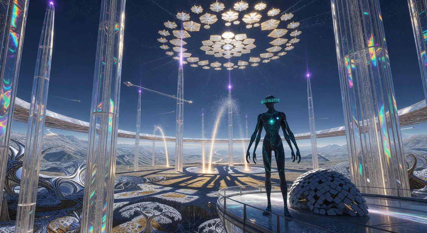 西暦44,200年、宇宙成熟期（Cosmic Maturity）の絶頂期に建設された巨大回転居住区「ビショップ・リング」の内部光景です。直径1,000キロメートルに及ぶリングの内壁からは、カーボンナノチューブ製の巨大な尖塔がダイソン・カーダシェフ・スウォームの輝く空へとそびえ立ち、その地平線は遠く天へと湾曲しています。手前には、光子回路を統合した「ウィーヴ（Weave）」種と可変物質生命体「プロティアン（Protean）」が佇んでおり、生物と機械の境界が消失したハイブリッド文明の極致を今に伝えています。