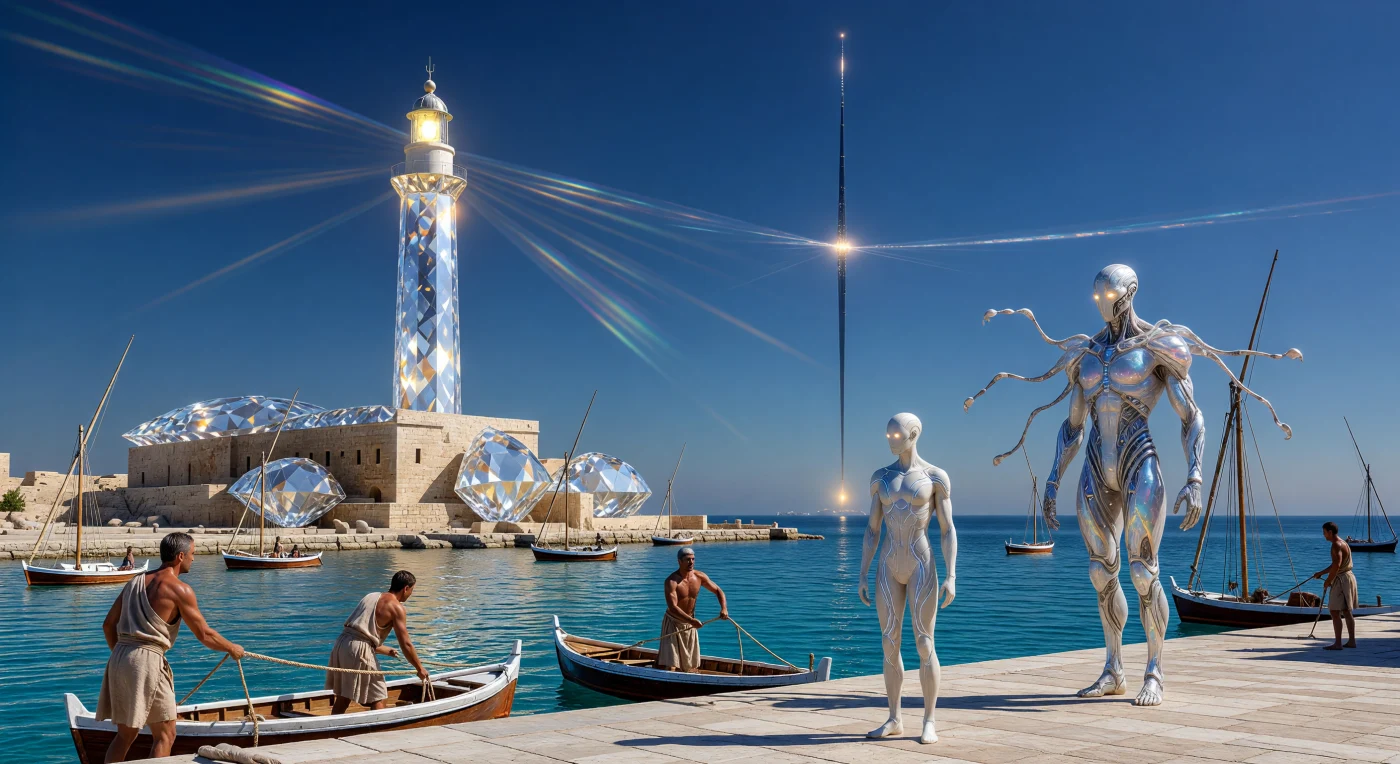 西暦450,000年、極限まで進化した技術によって「静止したエデン」と化したテラ・メモリアでは、かつてのアレクサンドリア港が巨大な合成ダイヤモンドの構造体に包まれ、太古の姿を精密に留めています。ここでは、21世紀の身体構造を復元した「バイオ・レプリカ」が木造船を操る傍ら、ポスト・バイオロジカルな「覚醒者」や惑星維持を担う「クロノ・カストディアン」が共存し、失われた人類史の断片を永劫に演じ続けています。ダイソン球からのエネルギー供給と重力アンカーによる地殻固定により、この風景は数十万年もの間、地質学的な変動を拒絶した絶対的な静寂の中に維持されているのです。